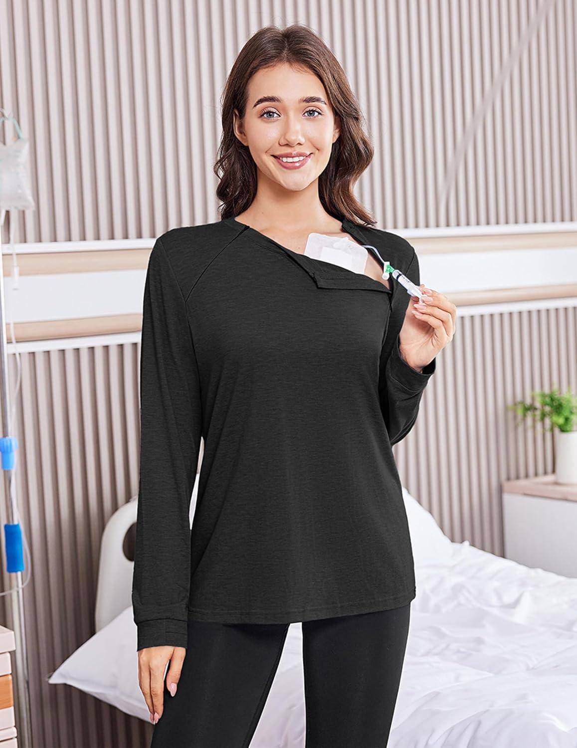 imageDeyeek Chemo Shirts for Port Access Women Long Sleeve Shoulder Post Surgery Shirt Dialysis Sweatshirts with Arm ZipperBlack