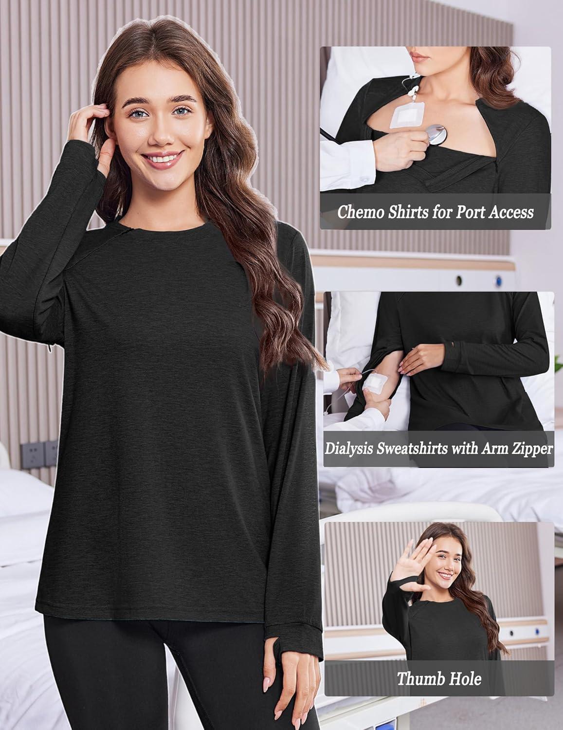 imageDeyeek Chemo Shirts for Port Access Women Long Sleeve Shoulder Post Surgery Shirt Dialysis Sweatshirts with Arm ZipperBlack