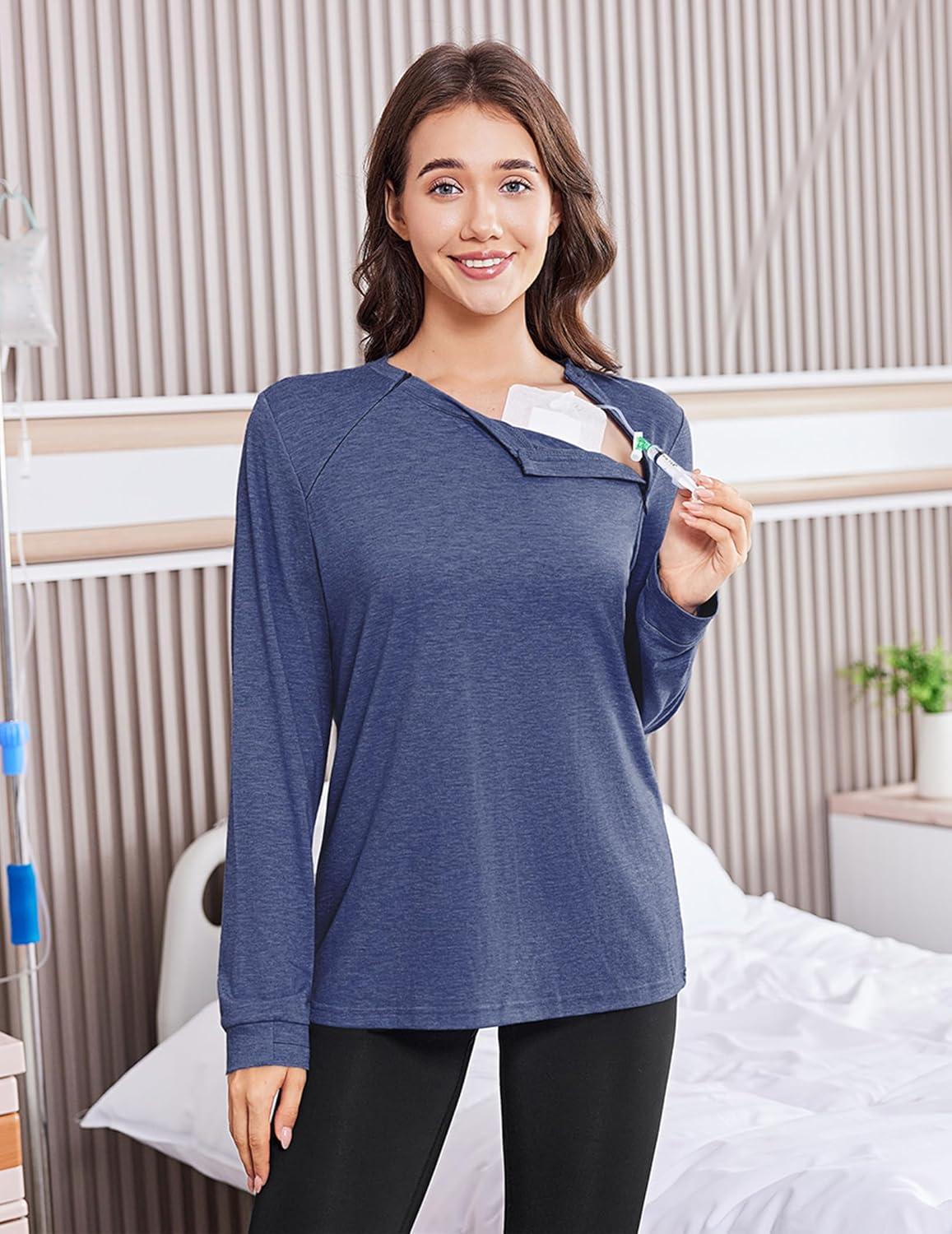 imageDeyeek Chemo Shirts for Port Access Women Long Sleeve Shoulder Post Surgery Shirt Dialysis Sweatshirts with Arm ZipperNavy Blue