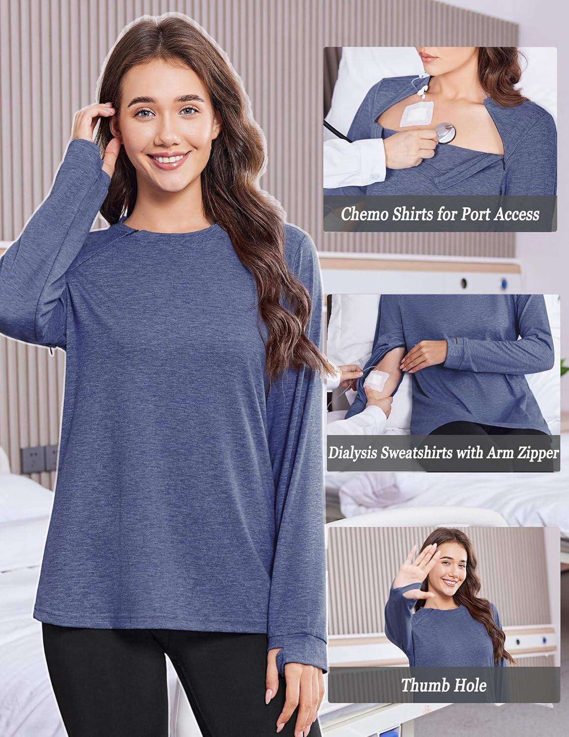 imageDeyeek Chemo Shirts for Port Access Women Long Sleeve Shoulder Post Surgery Shirt Dialysis Sweatshirts with Arm ZipperNavy Blue
