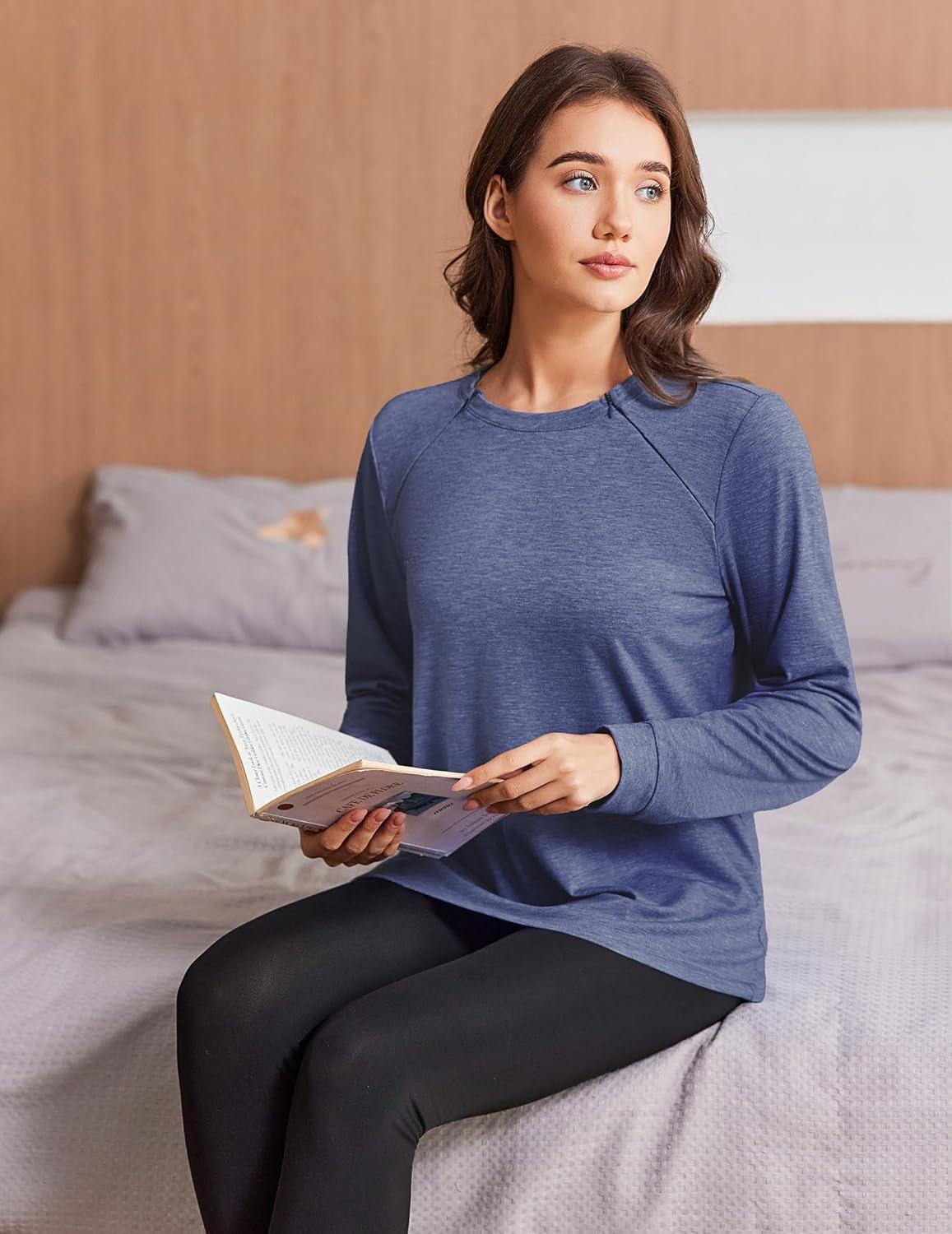 imageDeyeek Chemo Shirts for Port Access Women Long Sleeve Shoulder Post Surgery Shirt Dialysis Sweatshirts with Arm ZipperNavy Blue