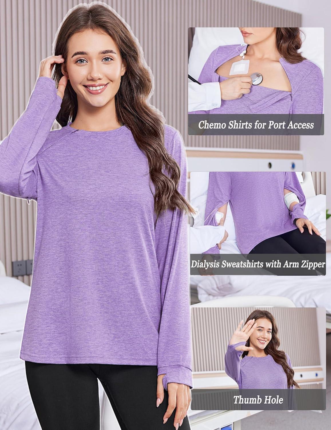 imageDeyeek Chemo Shirts for Port Access Women Long Sleeve Shoulder Post Surgery Shirt Dialysis Sweatshirts with Arm ZipperPurple