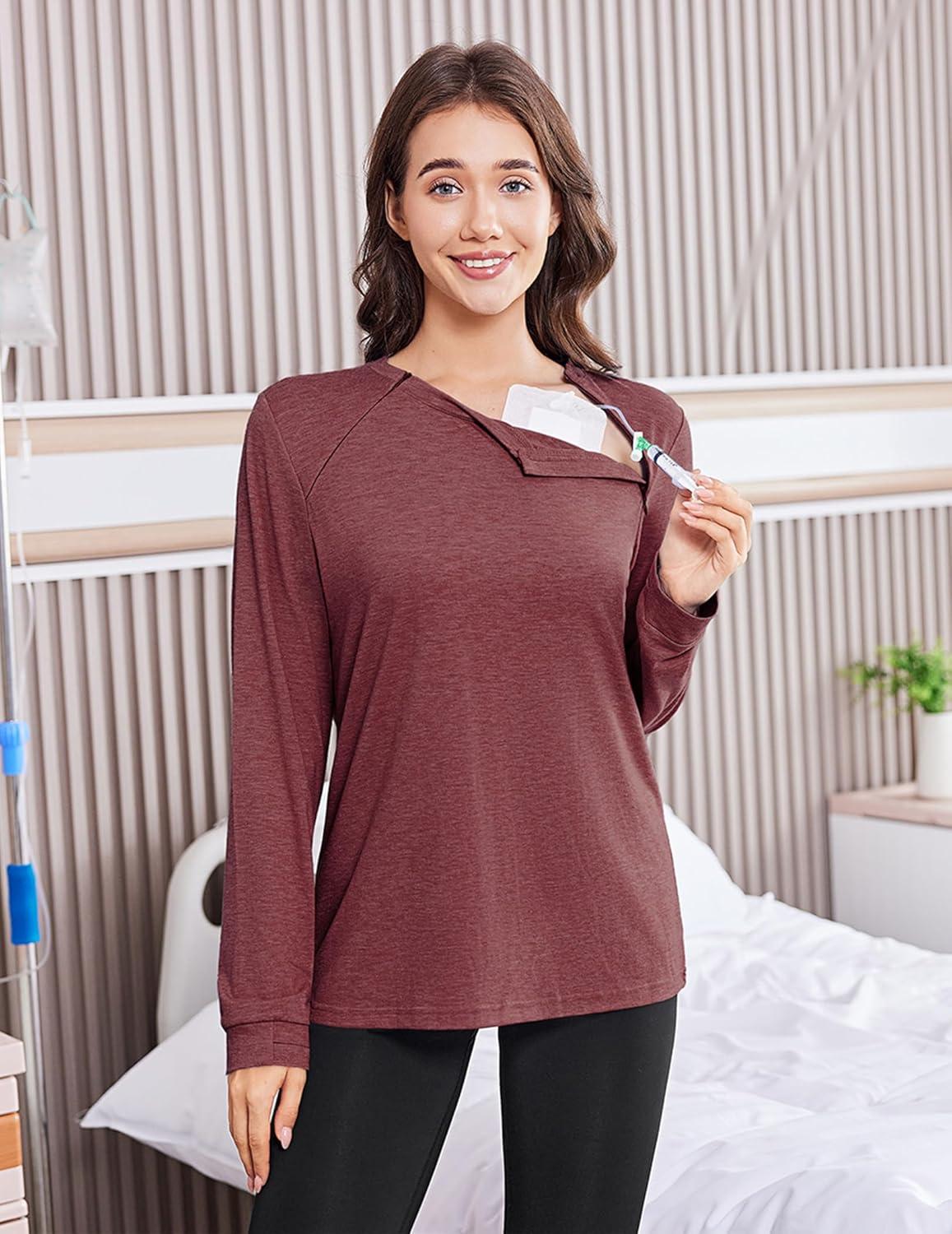 imageDeyeek Chemo Shirts for Port Access Women Long Sleeve Shoulder Post Surgery Shirt Dialysis Sweatshirts with Arm ZipperRed