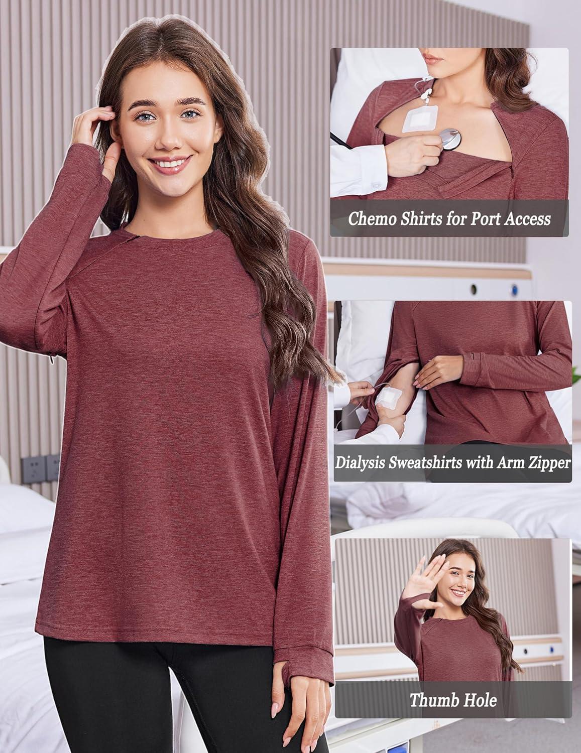 imageDeyeek Chemo Shirts for Port Access Women Long Sleeve Shoulder Post Surgery Shirt Dialysis Sweatshirts with Arm ZipperRed