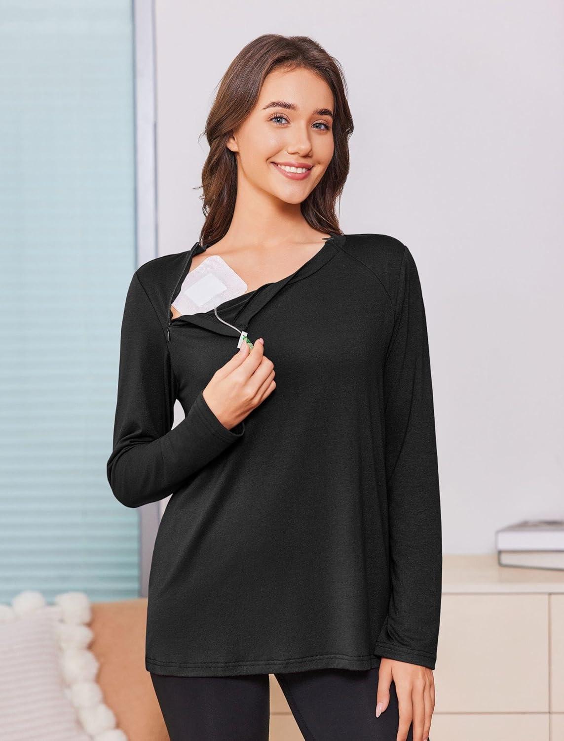 imageDeyeek Chemo Shirts for Women with Dialysis Port Access 2 Side Zippers Long Sleeve Shoulder Post Surgery ShirtBlack