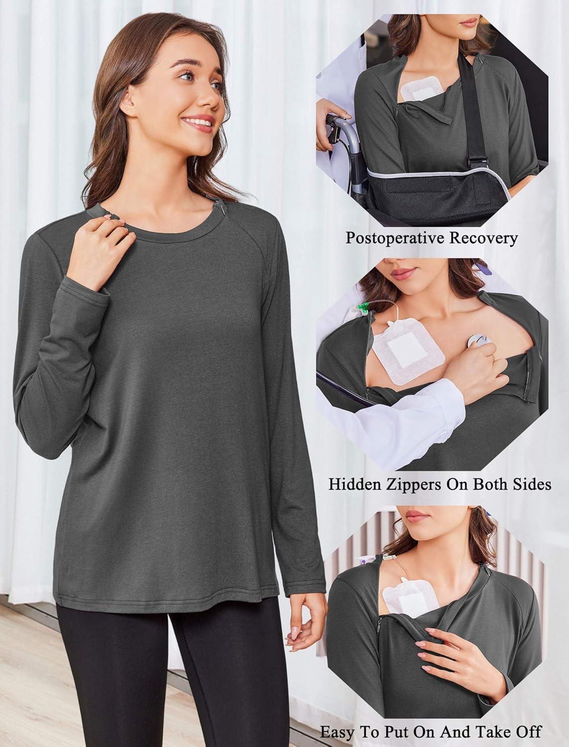 imageDeyeek Chemo Shirts for Women with Dialysis Port Access 2 Side Zippers Long Sleeve Shoulder Post Surgery ShirtDark Gray