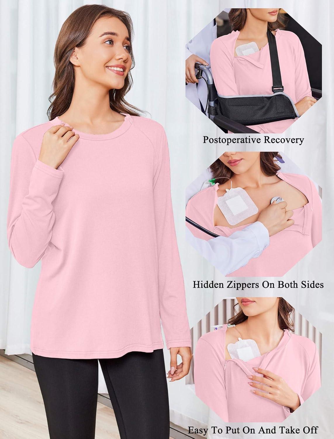 imageDeyeek Chemo Shirts for Women with Dialysis Port Access 2 Side Zippers Long Sleeve Shoulder Post Surgery ShirtDark Pink