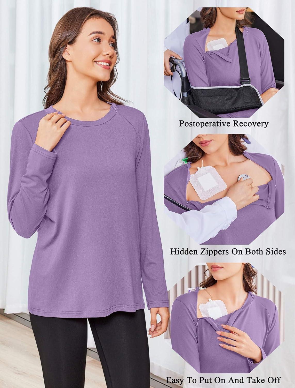 imageDeyeek Chemo Shirts for Women with Dialysis Port Access 2 Side Zippers Long Sleeve Shoulder Post Surgery ShirtLilac