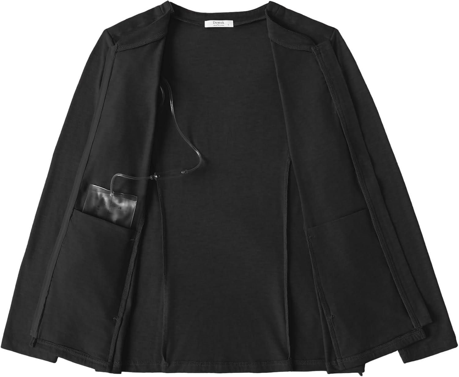 imageDeyeek Mastectomy Shirts with Drain Pockets Post Shoulder Surgery Tops for Women Chemo Port Long Sleeve with ZippersBlack