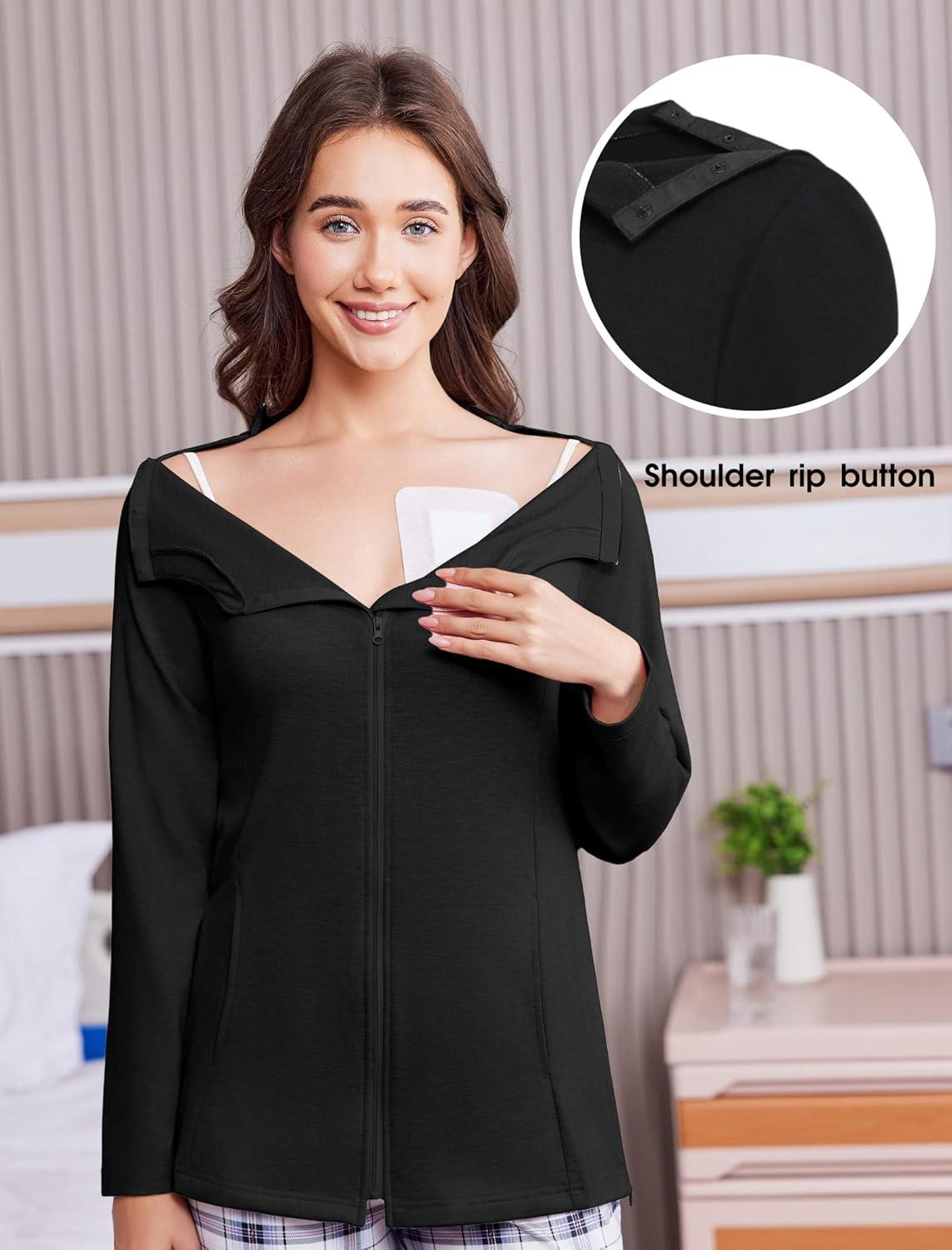 imageDeyeek Mastectomy Shirts with Drain Pockets Post Shoulder Surgery Tops for Women Chemo Port Long Sleeve with ZippersBlack