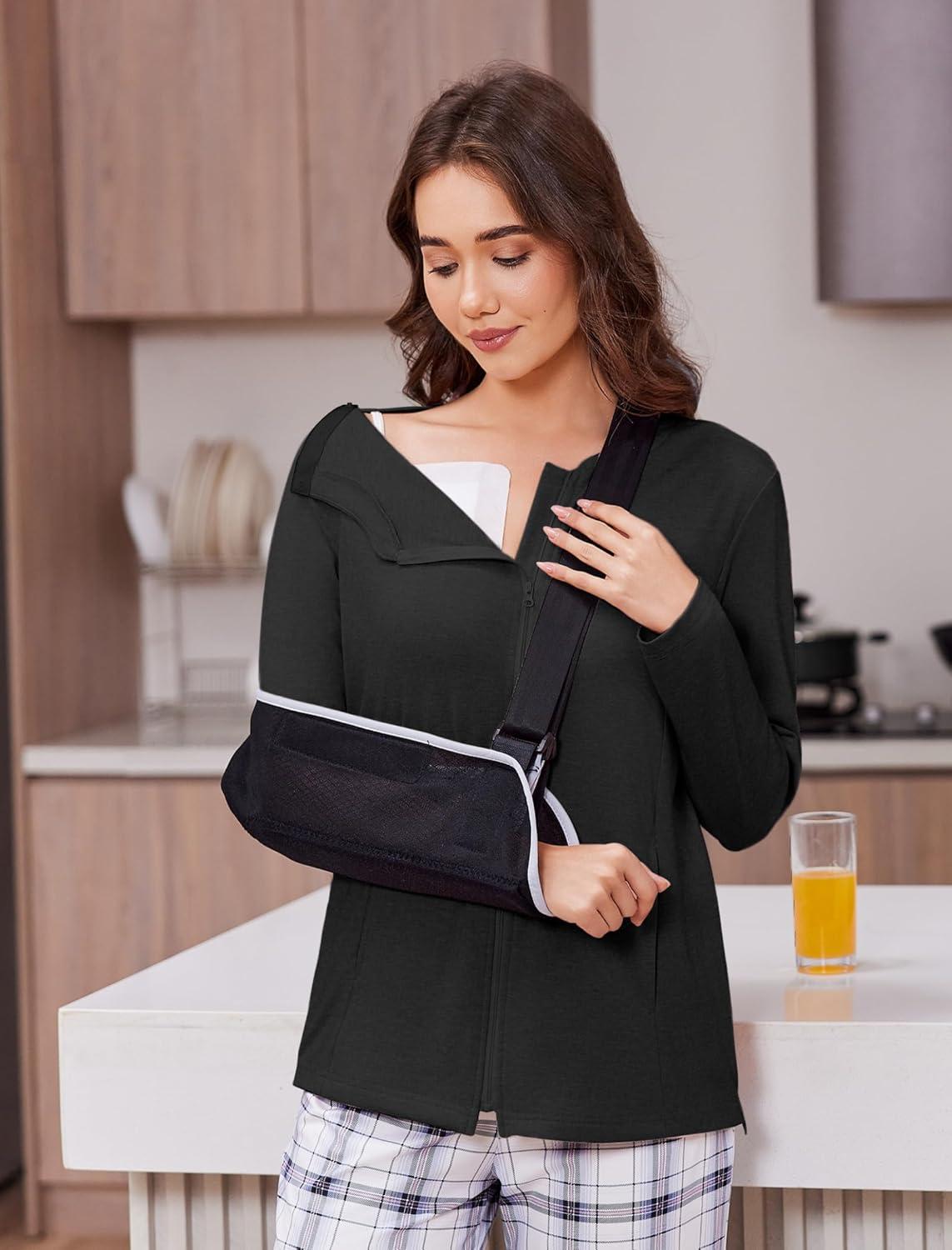 imageDeyeek Mastectomy Shirts with Drain Pockets Post Shoulder Surgery Tops for Women Chemo Port Long Sleeve with ZippersBlack