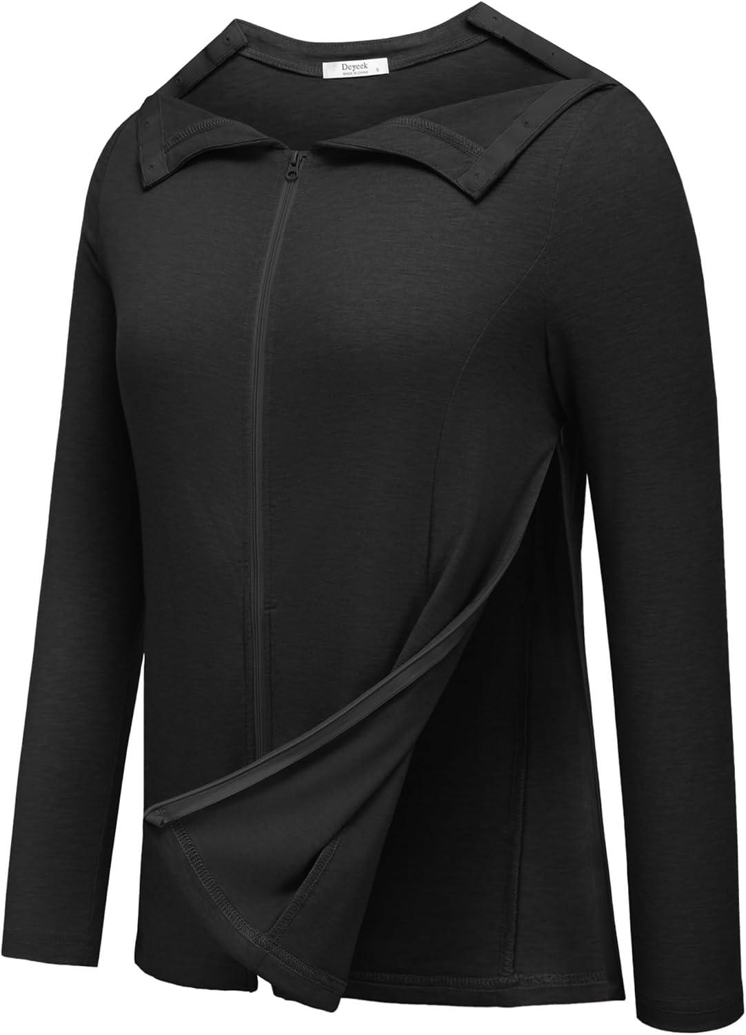imageDeyeek Mastectomy Shirts with Drain Pockets Post Shoulder Surgery Tops for Women Chemo Port Long Sleeve with ZippersBlack