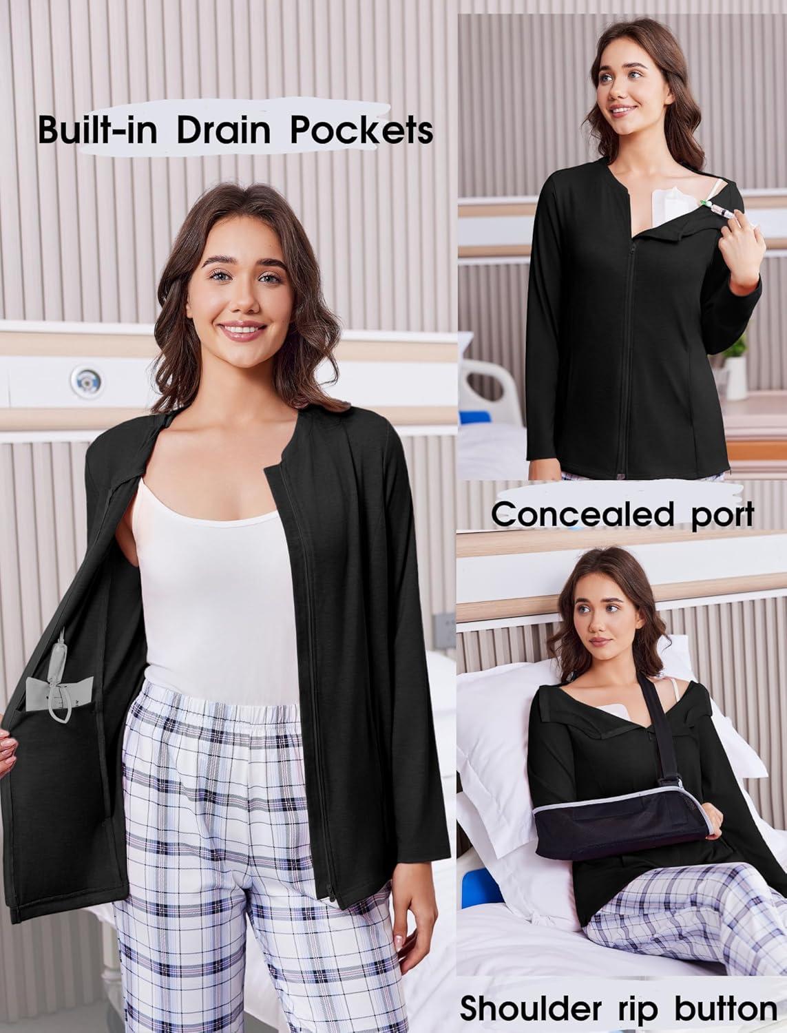 imageDeyeek Mastectomy Shirts with Drain Pockets Post Shoulder Surgery Tops for Women Chemo Port Long Sleeve with ZippersBlack