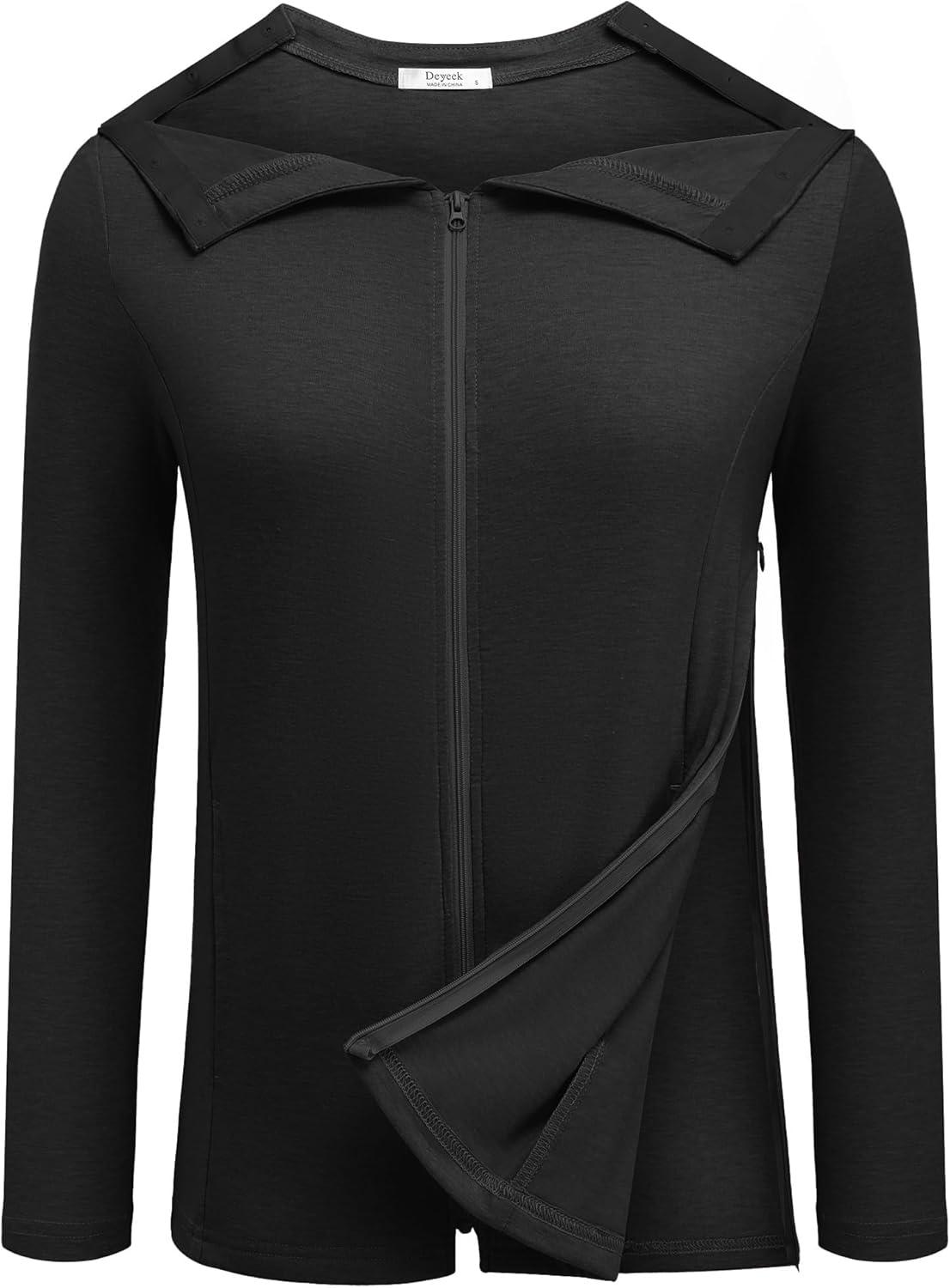 imageDeyeek Mastectomy Shirts with Drain Pockets Post Shoulder Surgery Tops for Women Chemo Port Long Sleeve with ZippersBlack