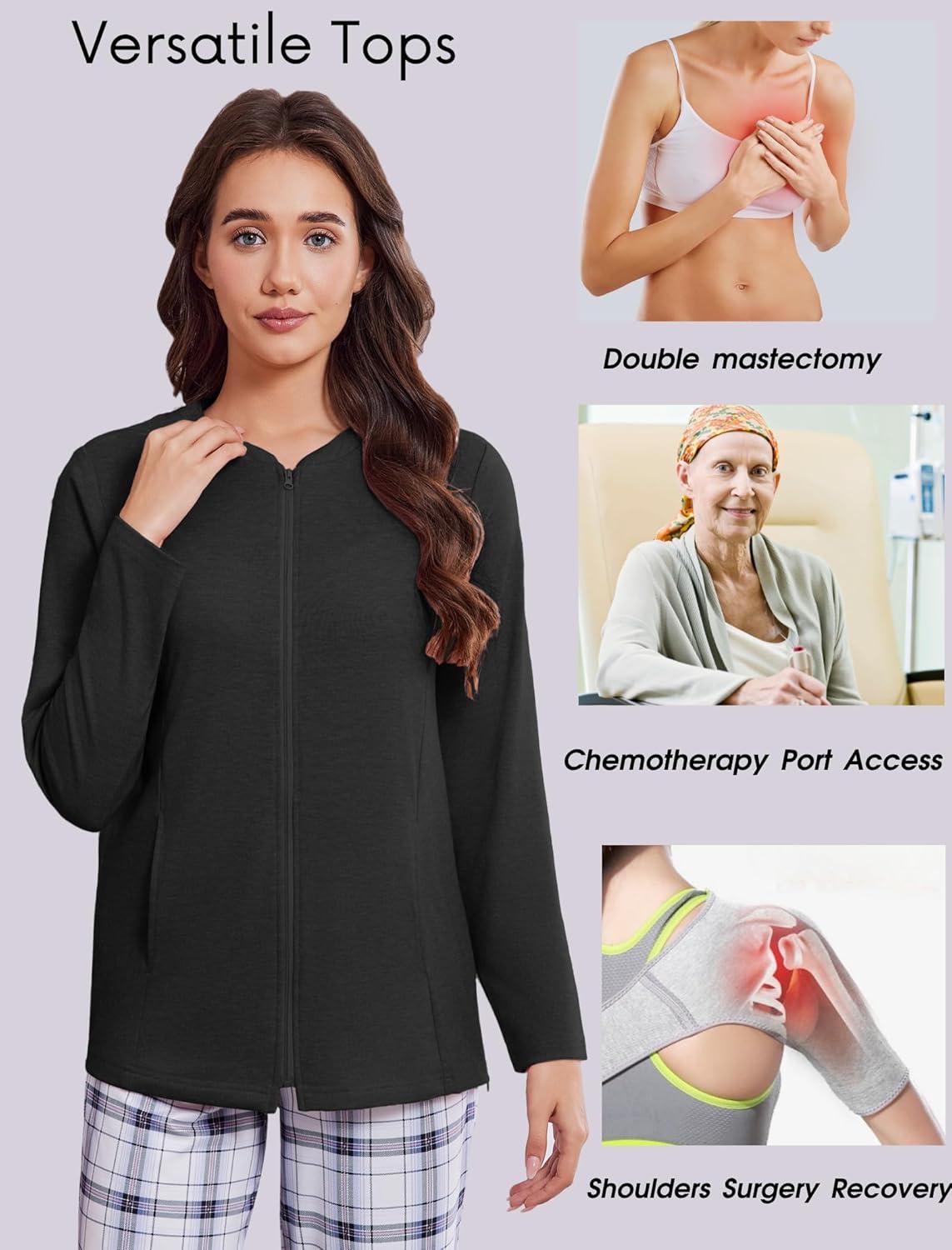 imageDeyeek Mastectomy Shirts with Drain Pockets Post Shoulder Surgery Tops for Women Chemo Port Long Sleeve with ZippersBlack