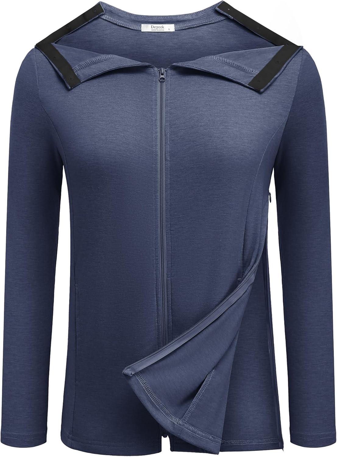 imageDeyeek Mastectomy Shirts with Drain Pockets Post Shoulder Surgery Tops for Women Chemo Port Long Sleeve with ZippersDark Blue