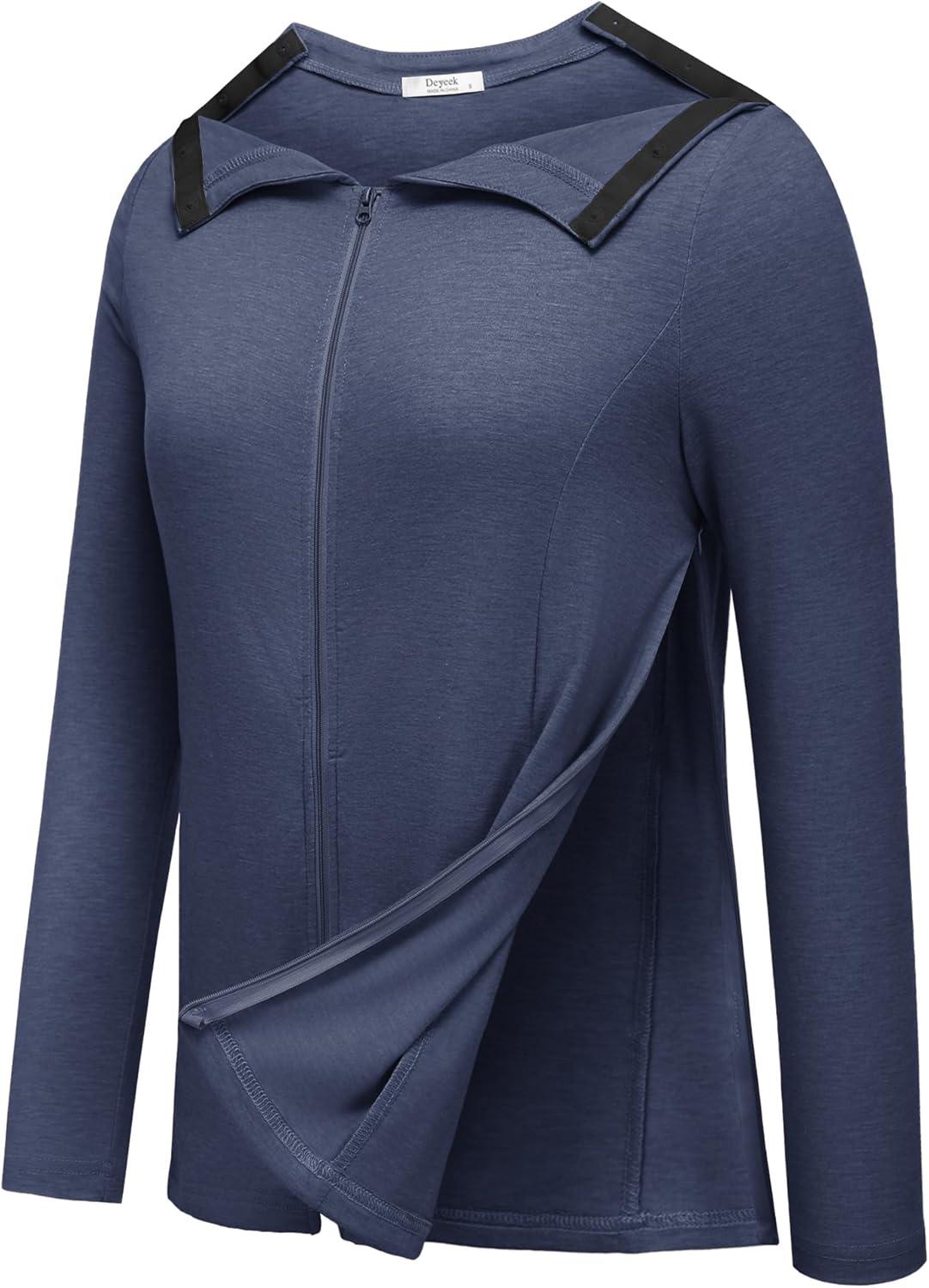 imageDeyeek Mastectomy Shirts with Drain Pockets Post Shoulder Surgery Tops for Women Chemo Port Long Sleeve with ZippersDark Blue
