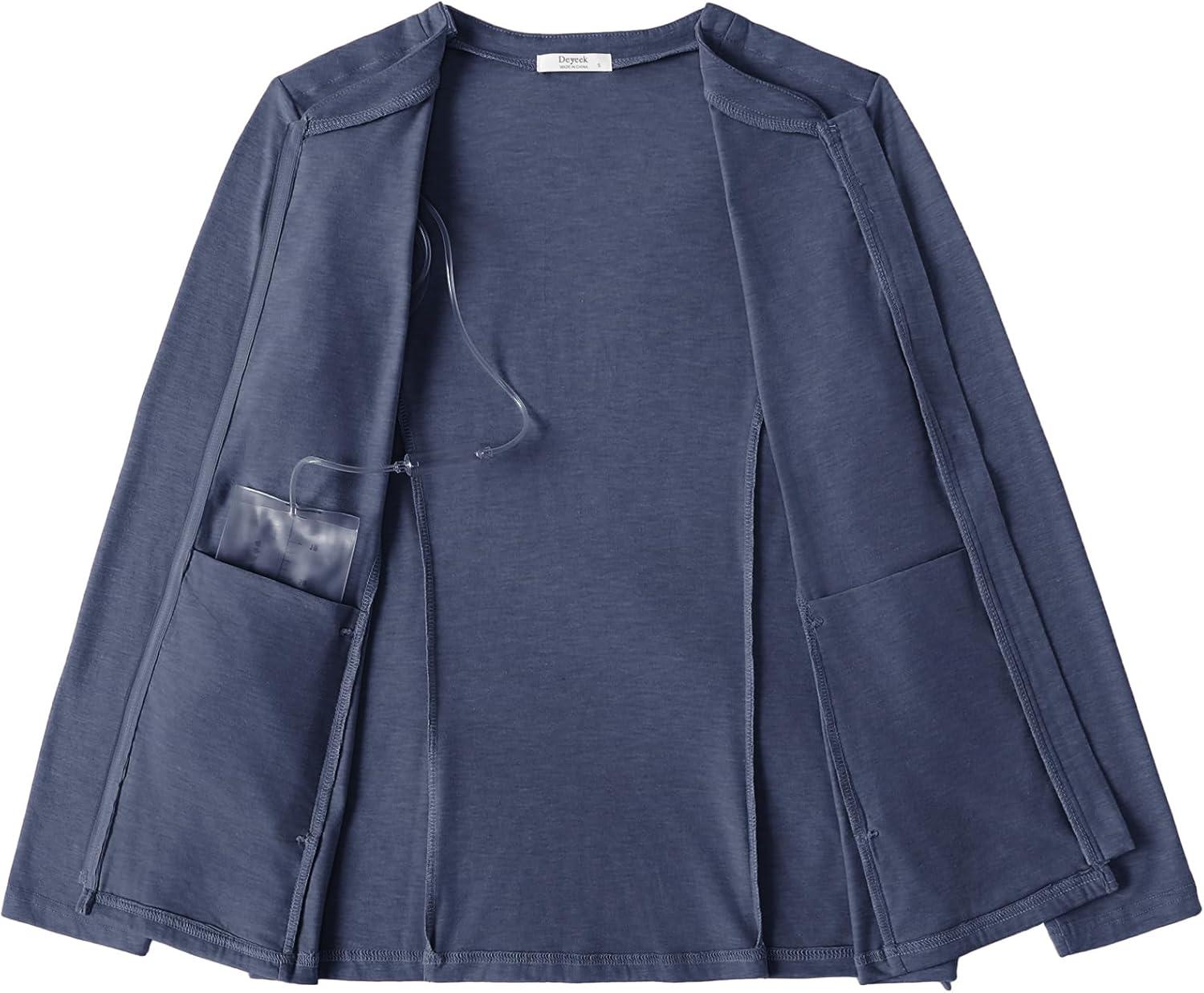 imageDeyeek Mastectomy Shirts with Drain Pockets Post Shoulder Surgery Tops for Women Chemo Port Long Sleeve with ZippersDark Blue