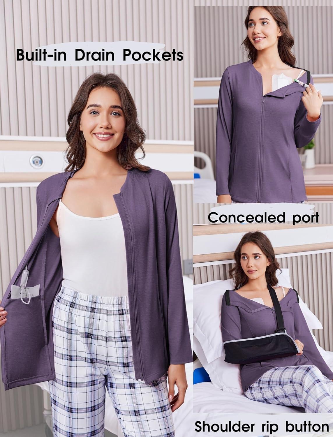 imageDeyeek Mastectomy Shirts with Drain Pockets Post Shoulder Surgery Tops for Women Chemo Port Long Sleeve with ZippersDark Purple