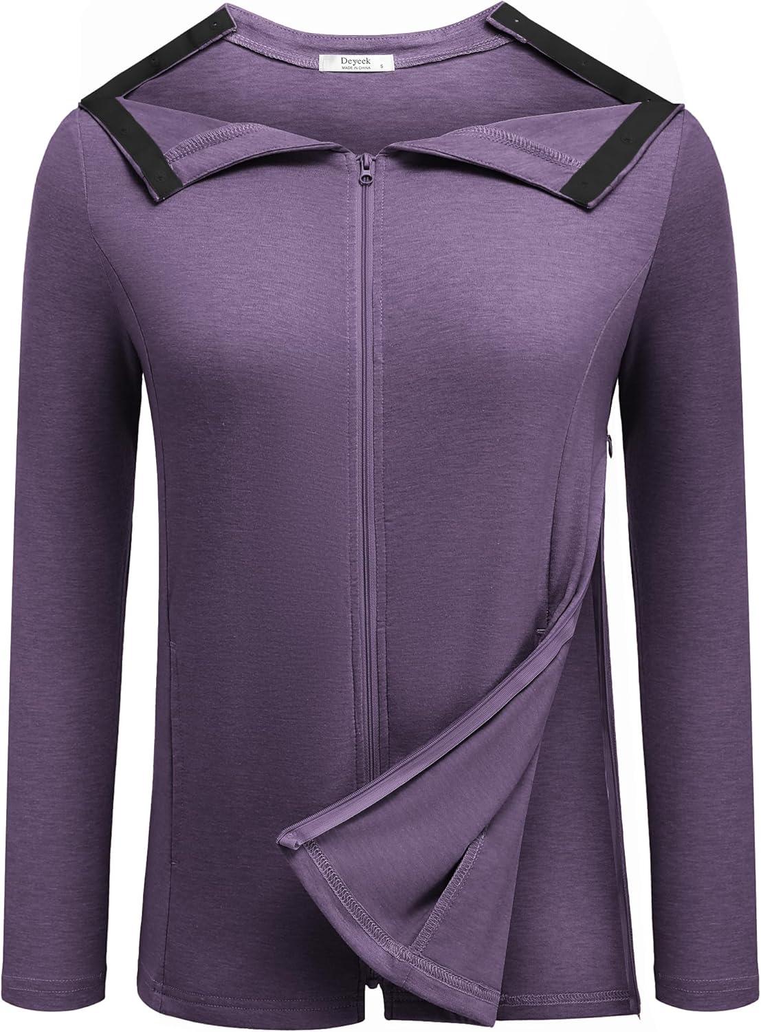 imageDeyeek Mastectomy Shirts with Drain Pockets Post Shoulder Surgery Tops for Women Chemo Port Long Sleeve with ZippersDark Purple