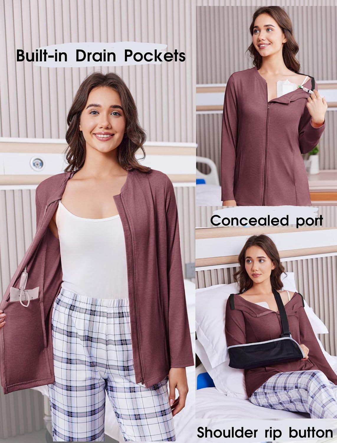 imageDeyeek Mastectomy Shirts with Drain Pockets Post Shoulder Surgery Tops for Women Chemo Port Long Sleeve with ZippersDark Red