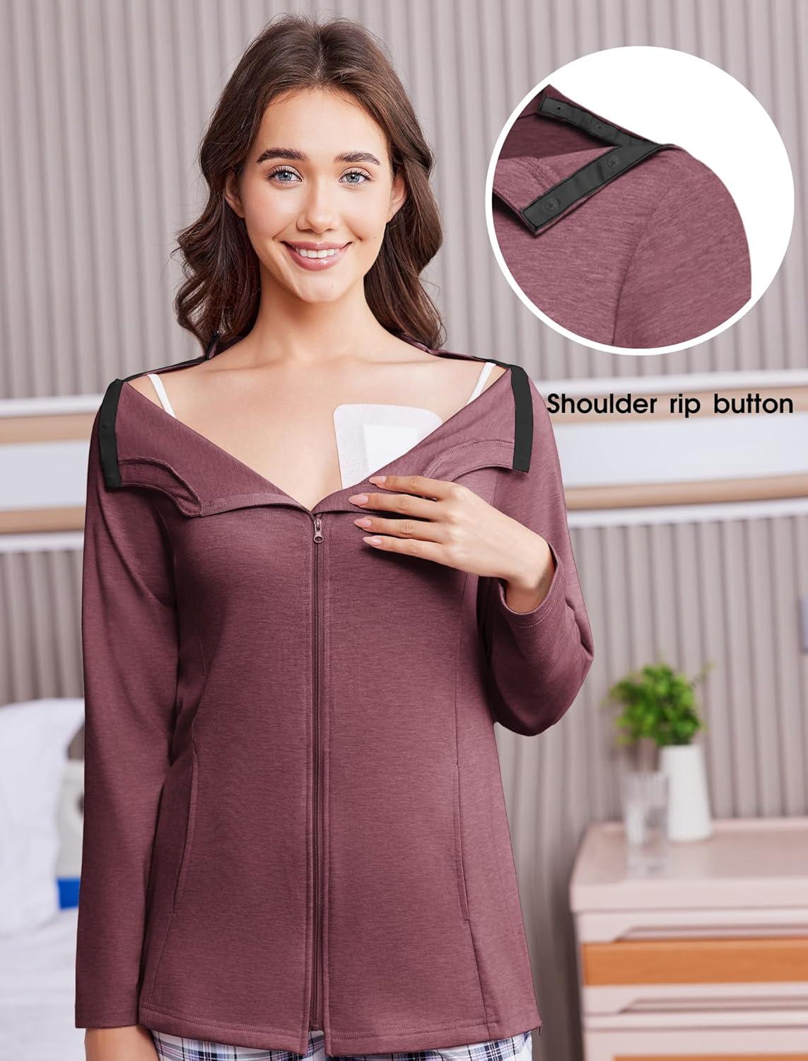 imageDeyeek Mastectomy Shirts with Drain Pockets Post Shoulder Surgery Tops for Women Chemo Port Long Sleeve with ZippersDark Red