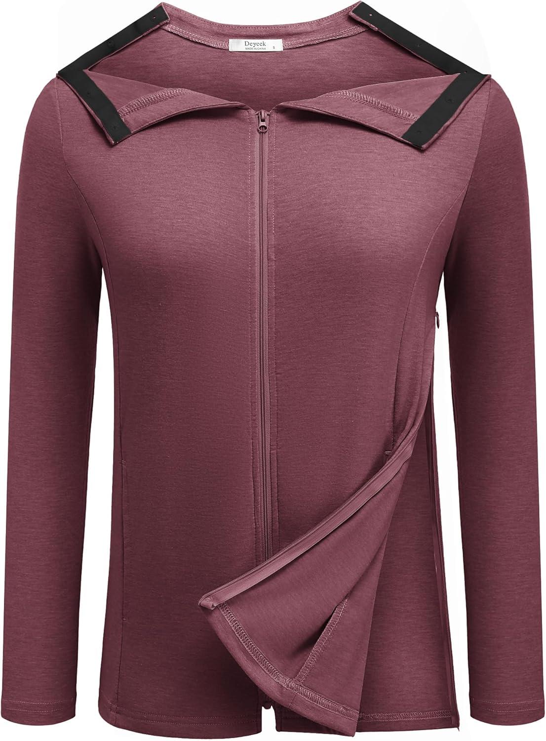 imageDeyeek Mastectomy Shirts with Drain Pockets Post Shoulder Surgery Tops for Women Chemo Port Long Sleeve with ZippersDark Red