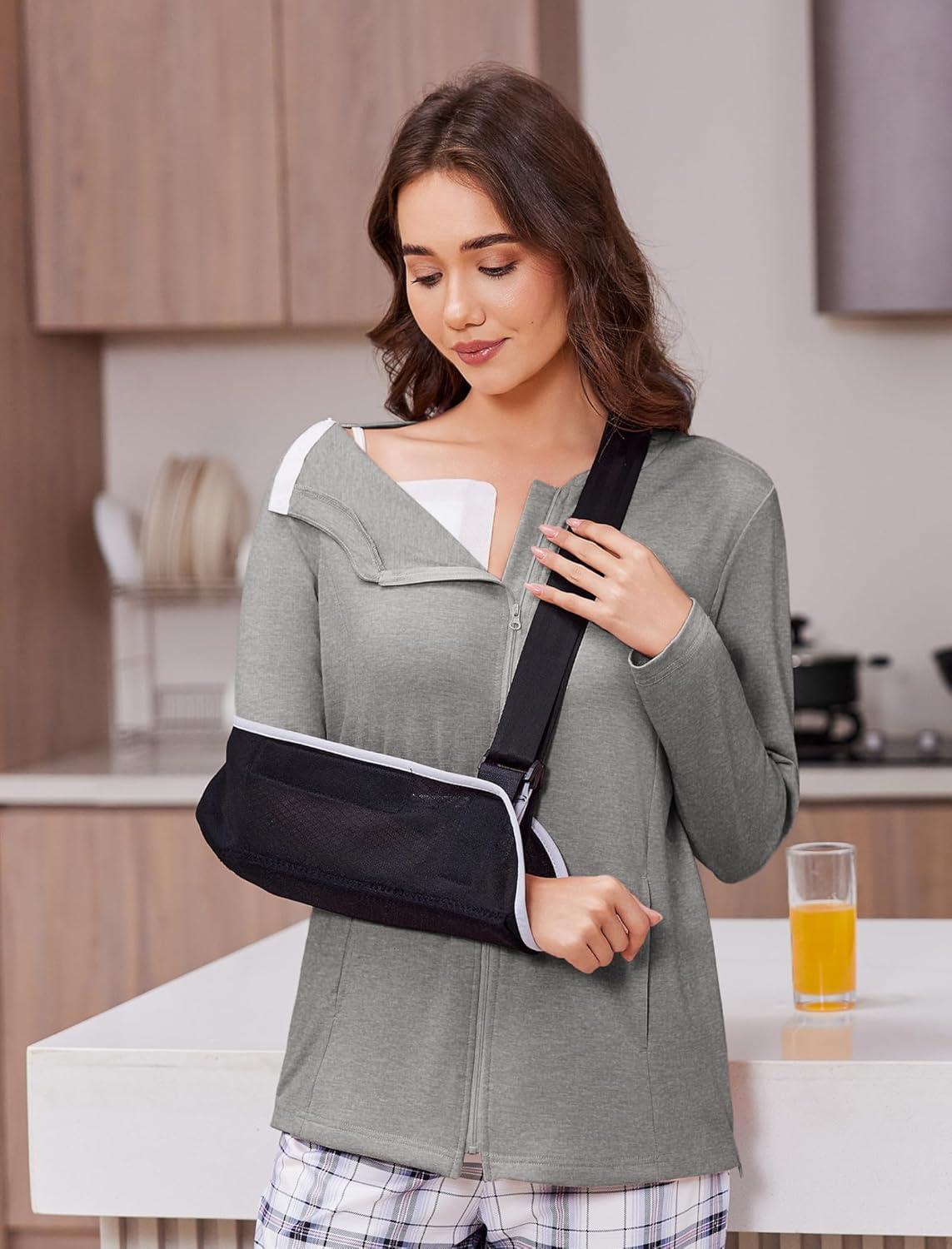imageDeyeek Mastectomy Shirts with Drain Pockets Post Shoulder Surgery Tops for Women Chemo Port Long Sleeve with ZippersGrey