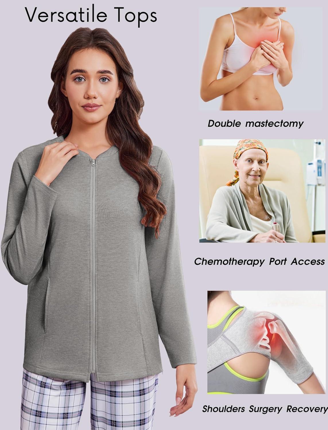 imageDeyeek Mastectomy Shirts with Drain Pockets Post Shoulder Surgery Tops for Women Chemo Port Long Sleeve with ZippersGrey