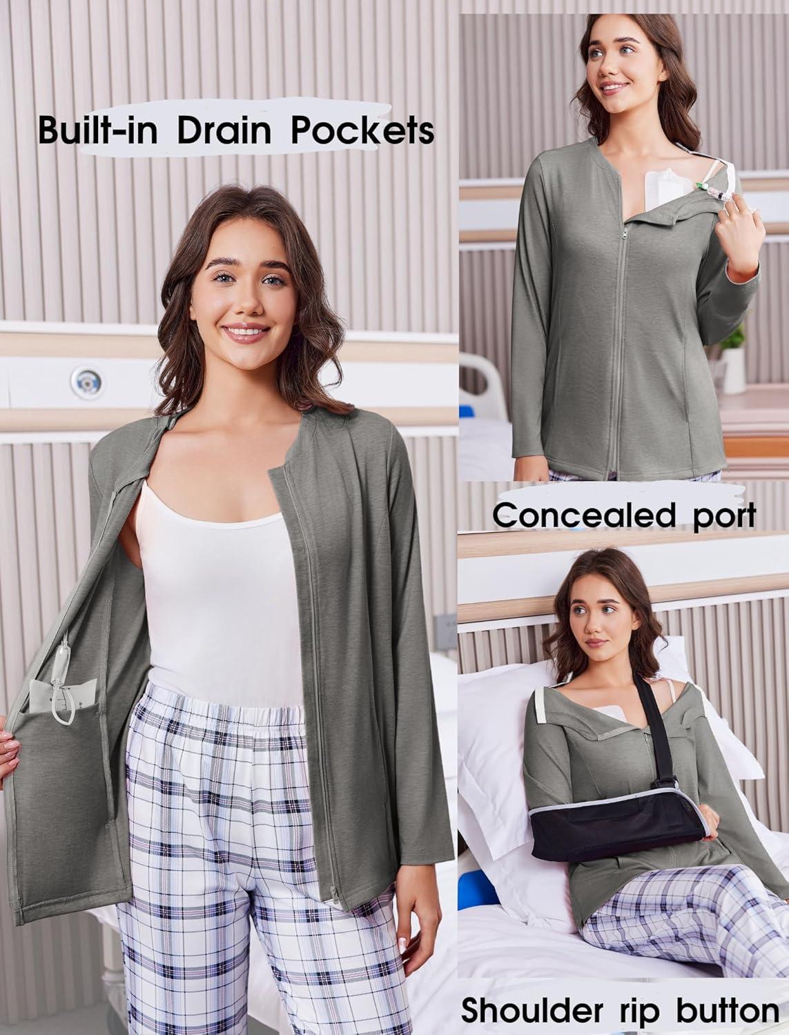 imageDeyeek Mastectomy Shirts with Drain Pockets Post Shoulder Surgery Tops for Women Chemo Port Long Sleeve with ZippersGrey