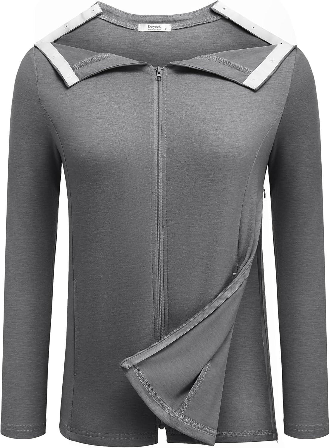 imageDeyeek Mastectomy Shirts with Drain Pockets Post Shoulder Surgery Tops for Women Chemo Port Long Sleeve with ZippersGrey