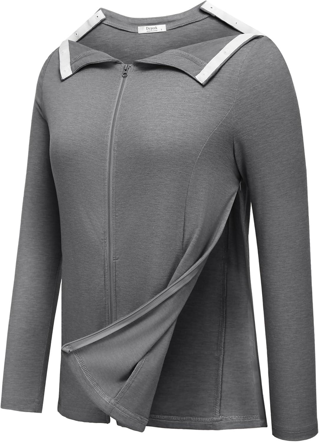 imageDeyeek Mastectomy Shirts with Drain Pockets Post Shoulder Surgery Tops for Women Chemo Port Long Sleeve with ZippersGrey