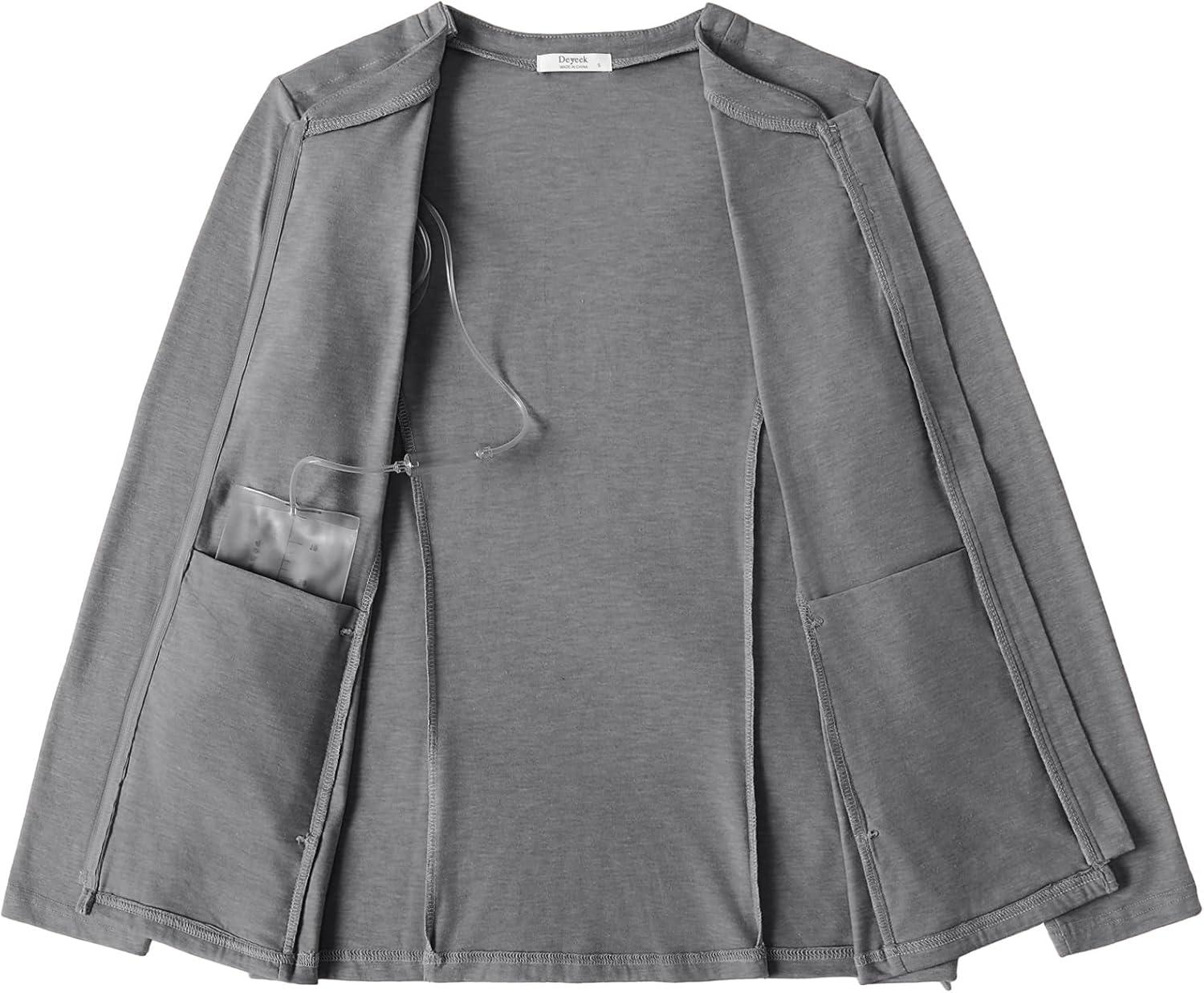 imageDeyeek Mastectomy Shirts with Drain Pockets Post Shoulder Surgery Tops for Women Chemo Port Long Sleeve with ZippersGrey