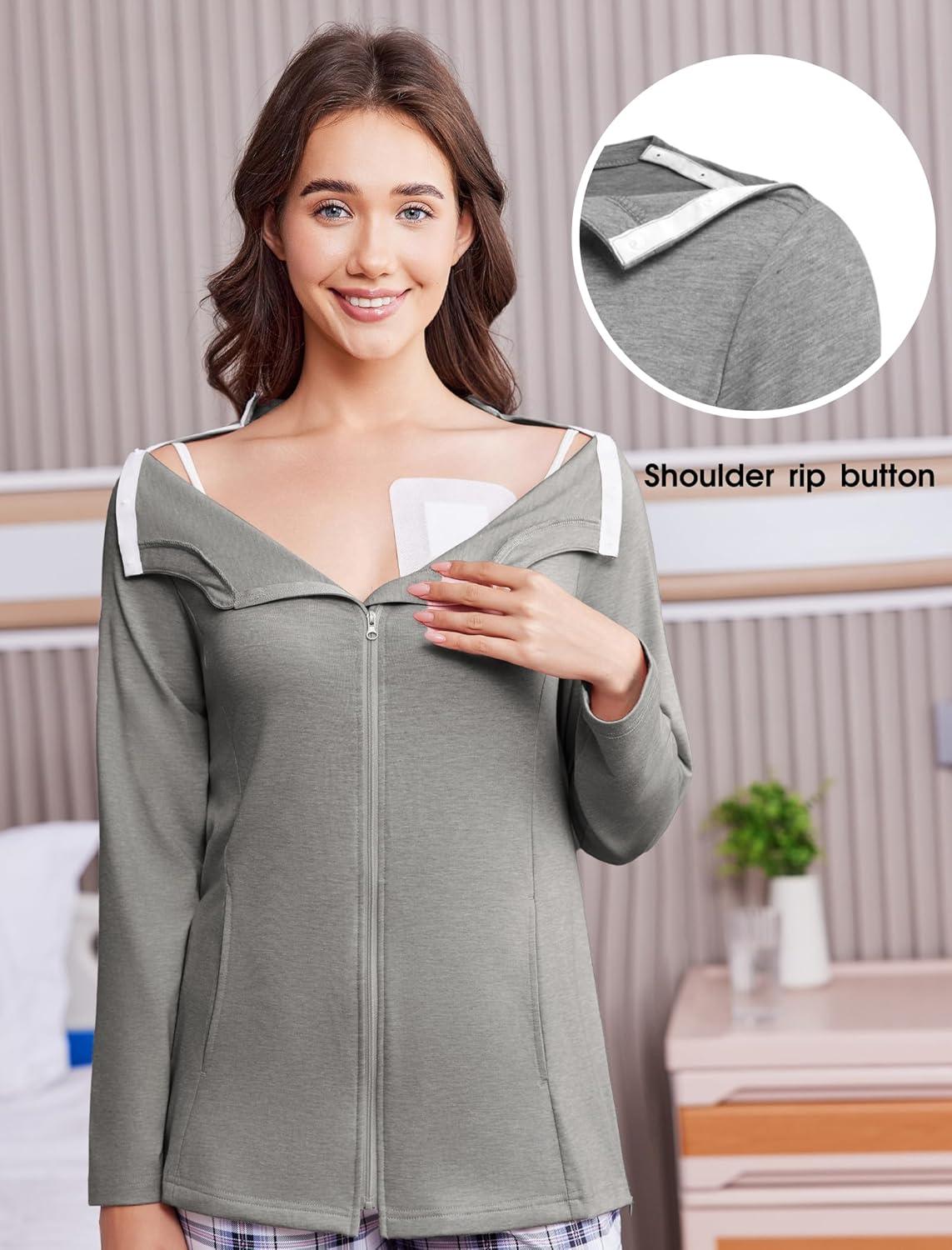 imageDeyeek Mastectomy Shirts with Drain Pockets Post Shoulder Surgery Tops for Women Chemo Port Long Sleeve with ZippersGrey