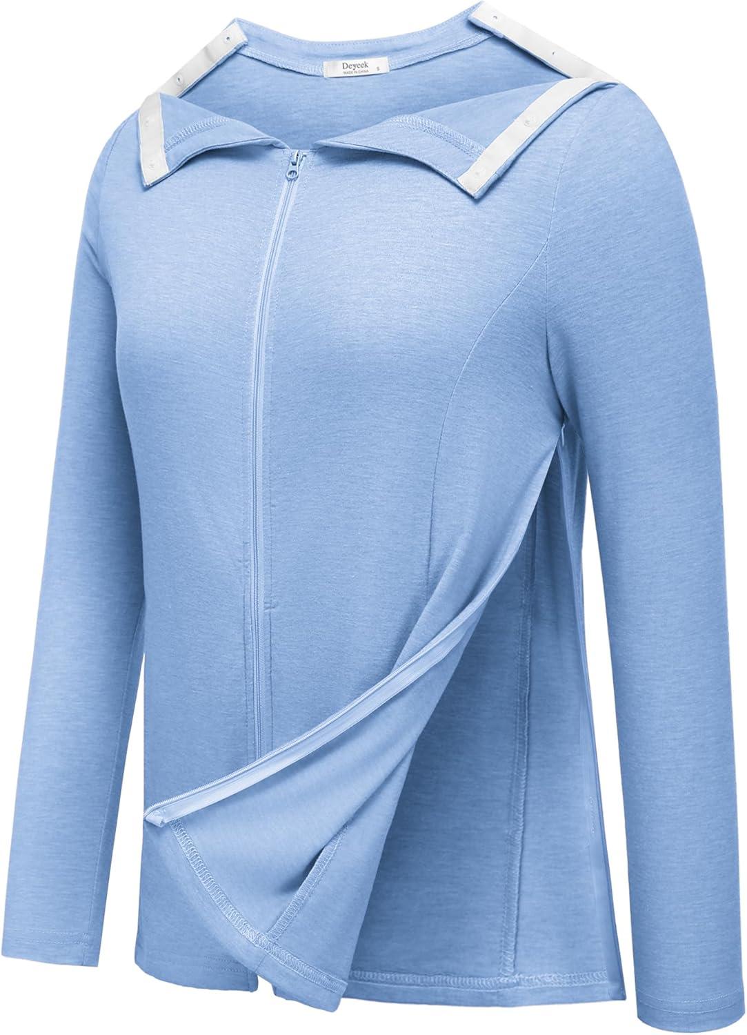 imageDeyeek Mastectomy Shirts with Drain Pockets Post Shoulder Surgery Tops for Women Chemo Port Long Sleeve with ZippersLight Blue