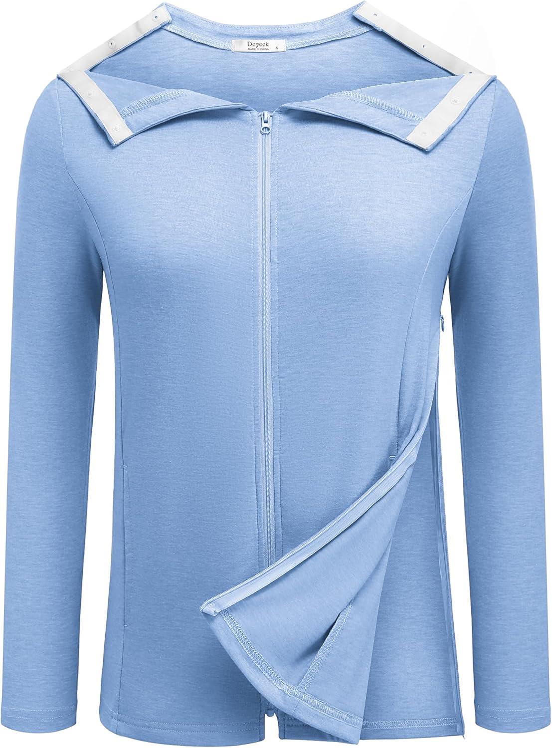 imageDeyeek Mastectomy Shirts with Drain Pockets Post Shoulder Surgery Tops for Women Chemo Port Long Sleeve with ZippersLight Blue