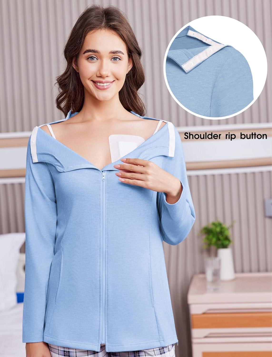 imageDeyeek Mastectomy Shirts with Drain Pockets Post Shoulder Surgery Tops for Women Chemo Port Long Sleeve with ZippersLight Blue