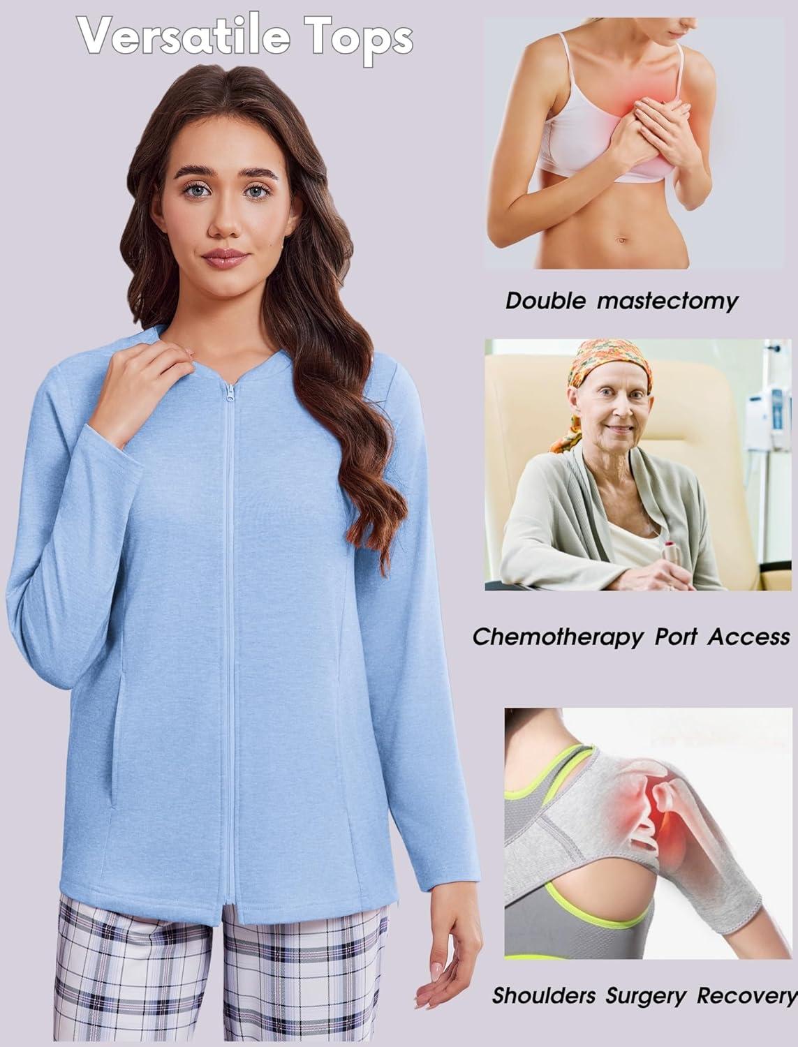 imageDeyeek Mastectomy Shirts with Drain Pockets Post Shoulder Surgery Tops for Women Chemo Port Long Sleeve with ZippersLight Blue