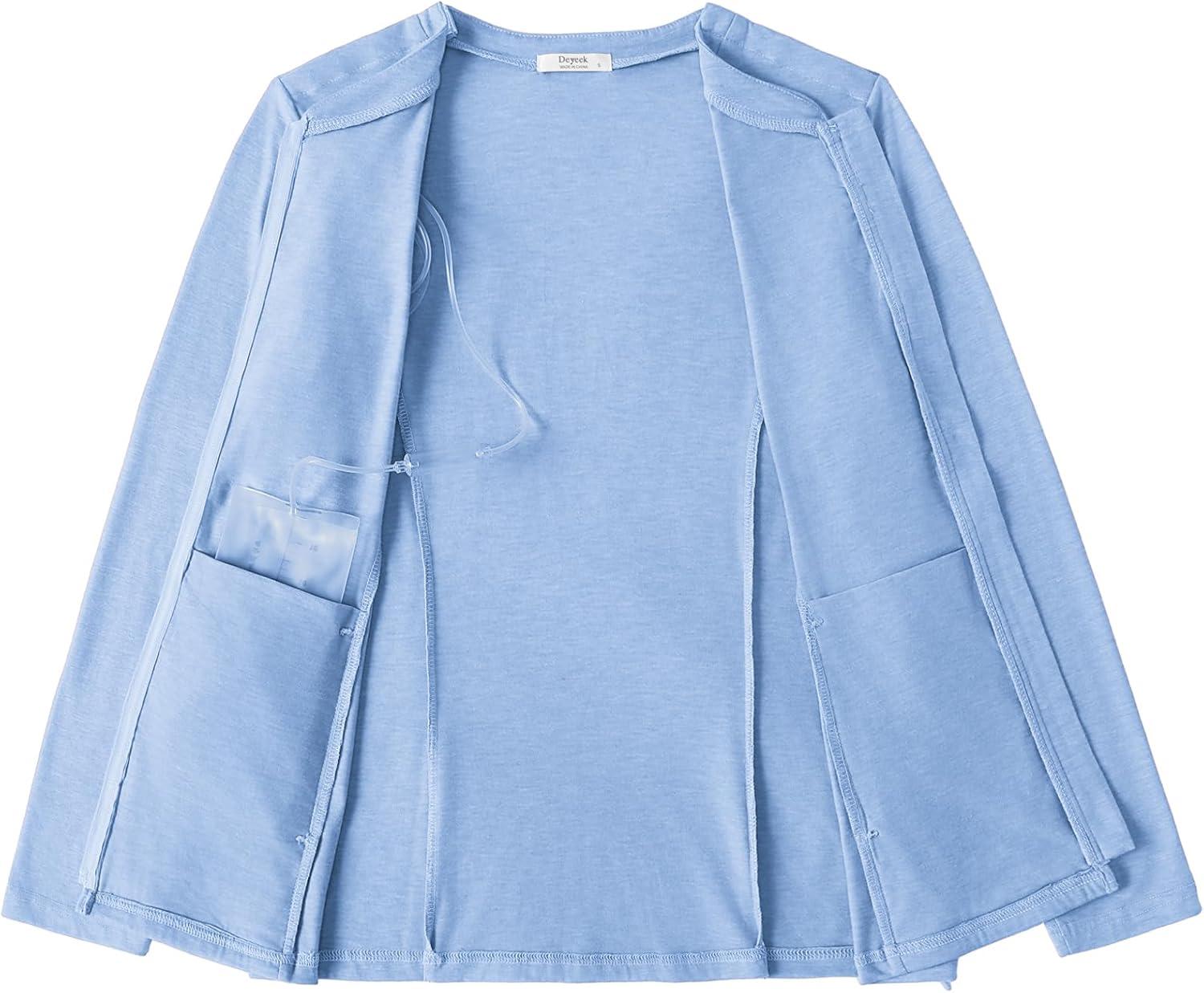 imageDeyeek Mastectomy Shirts with Drain Pockets Post Shoulder Surgery Tops for Women Chemo Port Long Sleeve with ZippersLight Blue
