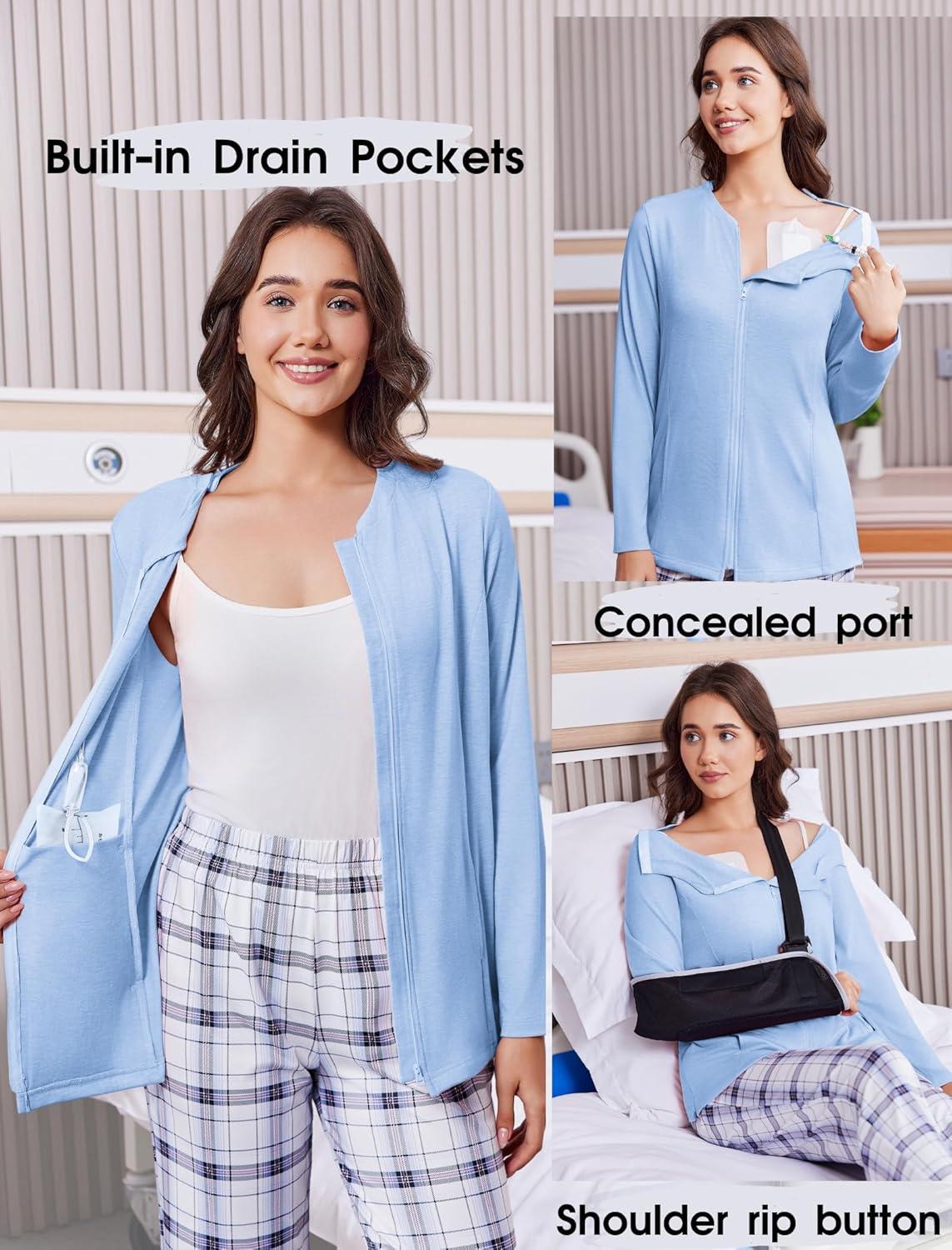 imageDeyeek Mastectomy Shirts with Drain Pockets Post Shoulder Surgery Tops for Women Chemo Port Long Sleeve with ZippersLight Blue