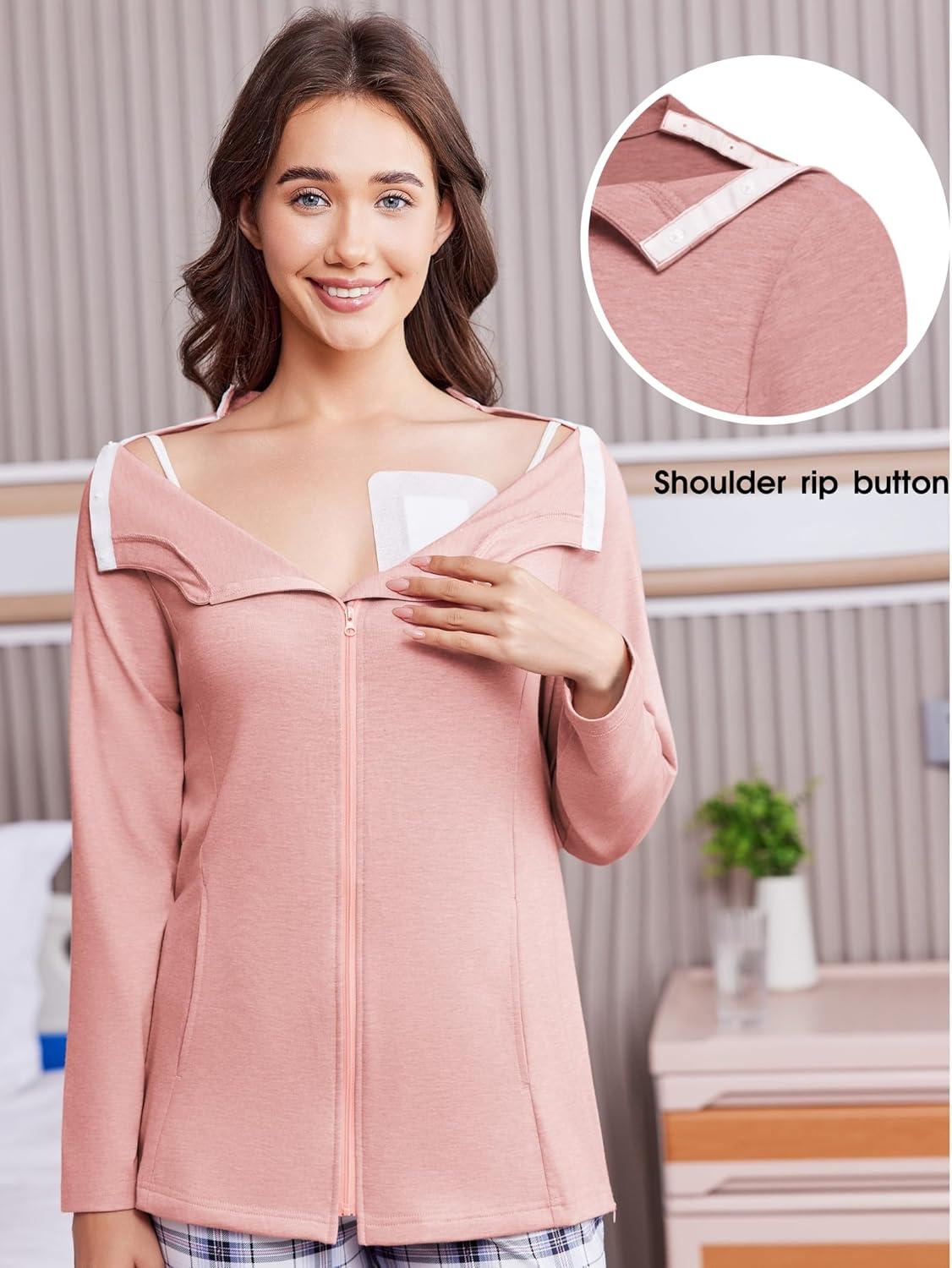 imageDeyeek Mastectomy Shirts with Drain Pockets Post Shoulder Surgery Tops for Women Chemo Port Long Sleeve with ZippersLight Pink