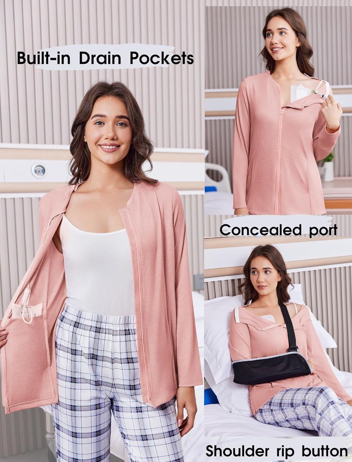 imageDeyeek Mastectomy Shirts with Drain Pockets Post Shoulder Surgery Tops for Women Chemo Port Long Sleeve with ZippersLight Pink