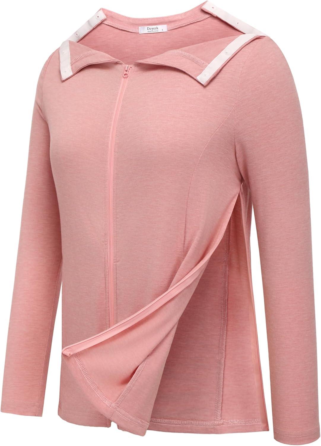 imageDeyeek Mastectomy Shirts with Drain Pockets Post Shoulder Surgery Tops for Women Chemo Port Long Sleeve with ZippersLight Pink