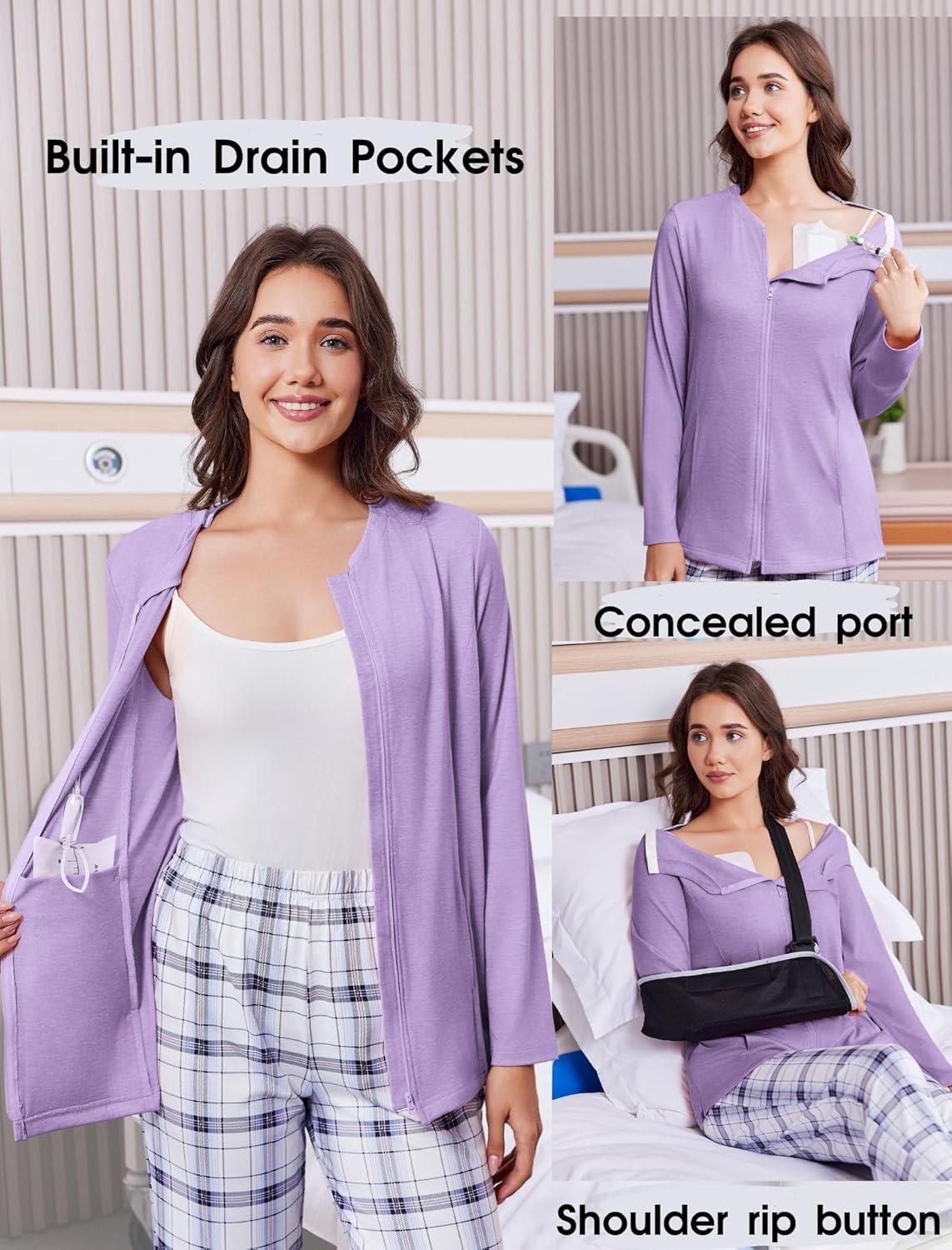 imageDeyeek Mastectomy Shirts with Drain Pockets Post Shoulder Surgery Tops for Women Chemo Port Long Sleeve with ZippersPurple