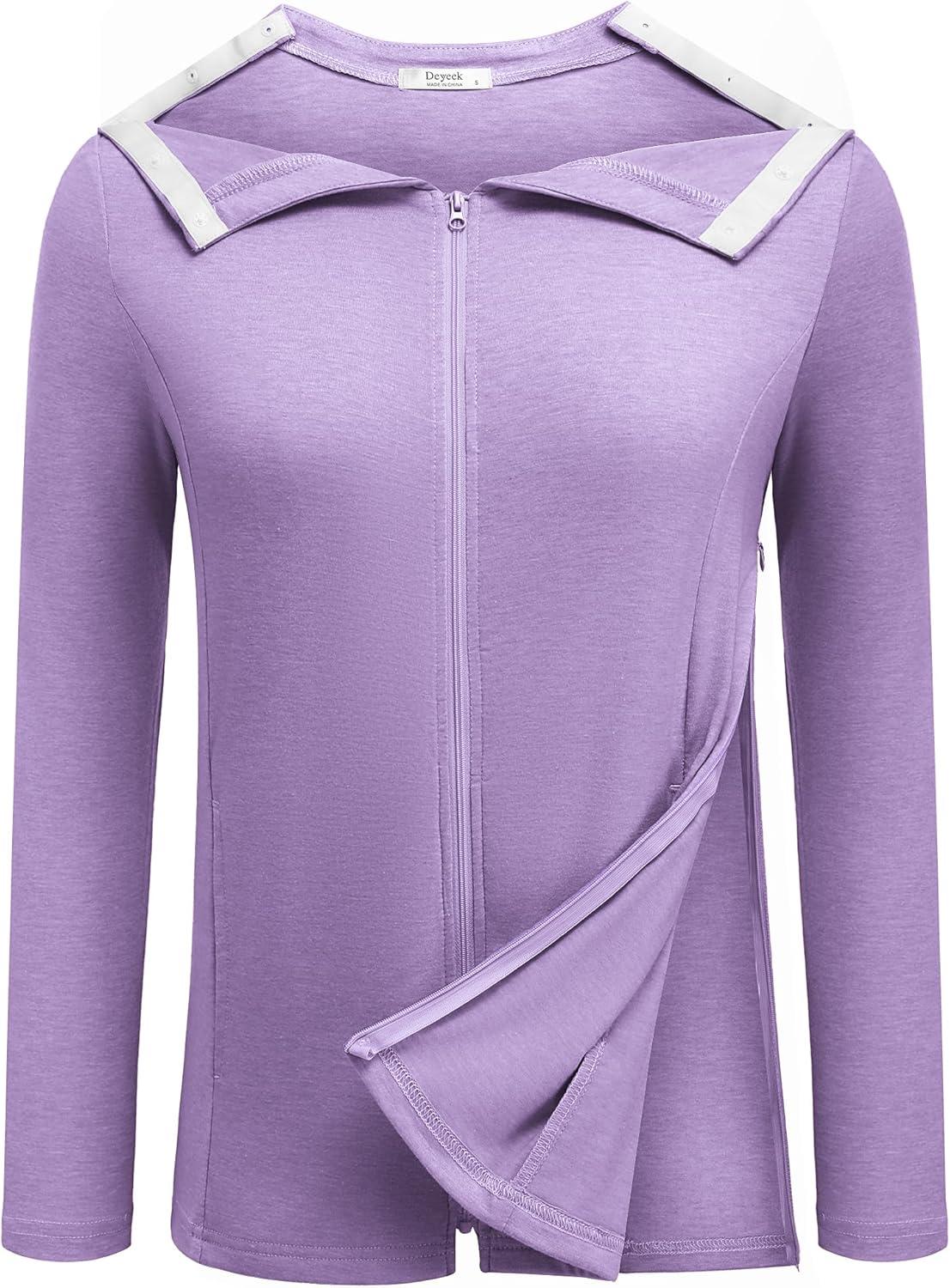 imageDeyeek Mastectomy Shirts with Drain Pockets Post Shoulder Surgery Tops for Women Chemo Port Long Sleeve with ZippersPurple