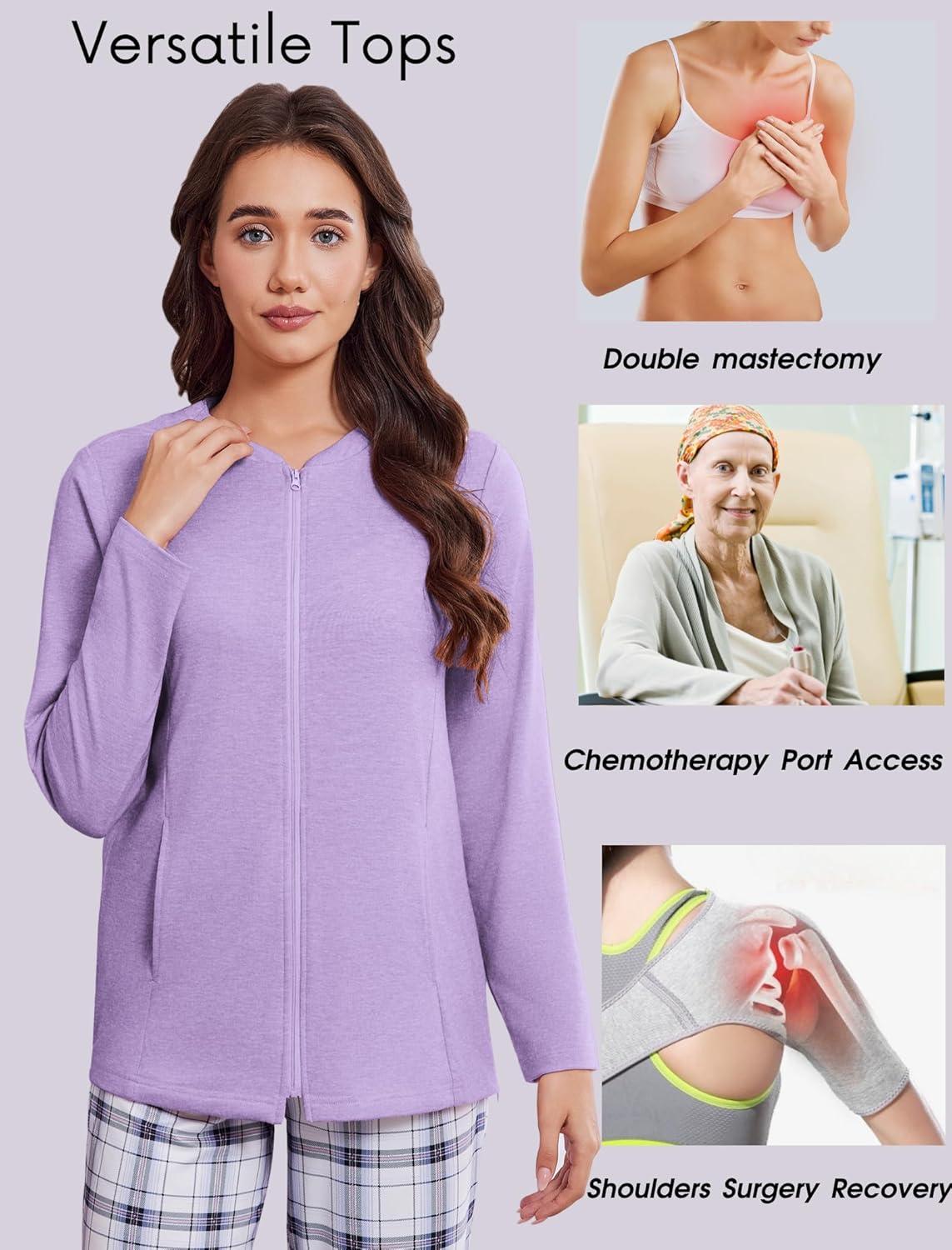 imageDeyeek Mastectomy Shirts with Drain Pockets Post Shoulder Surgery Tops for Women Chemo Port Long Sleeve with ZippersPurple