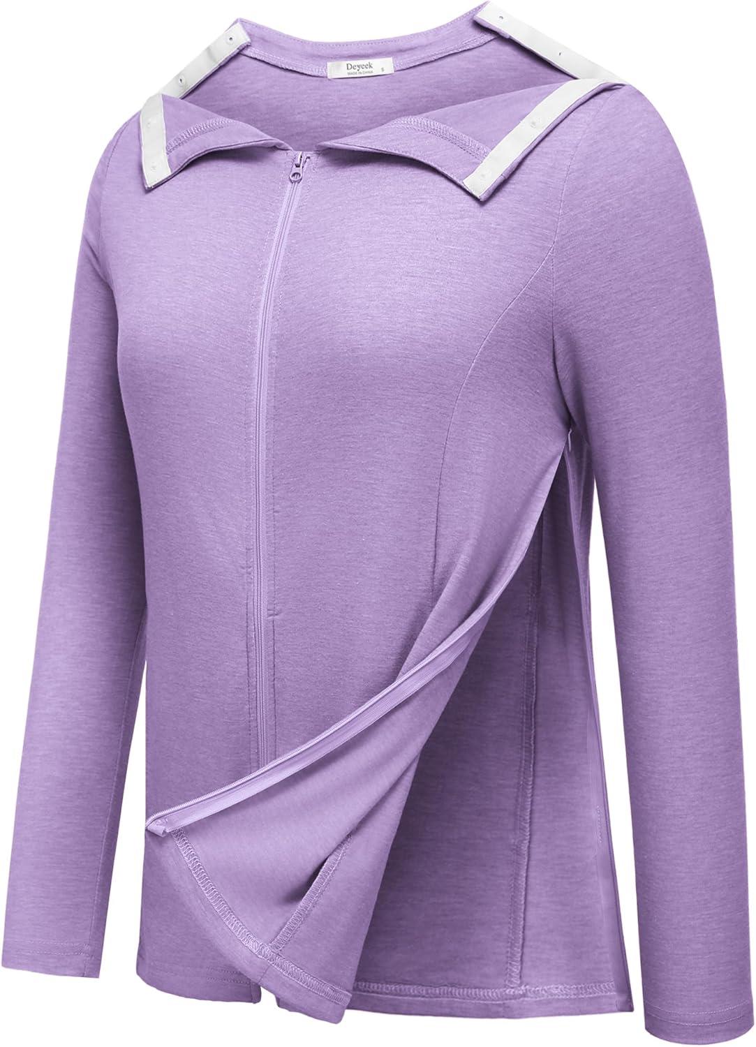 imageDeyeek Mastectomy Shirts with Drain Pockets Post Shoulder Surgery Tops for Women Chemo Port Long Sleeve with ZippersPurple