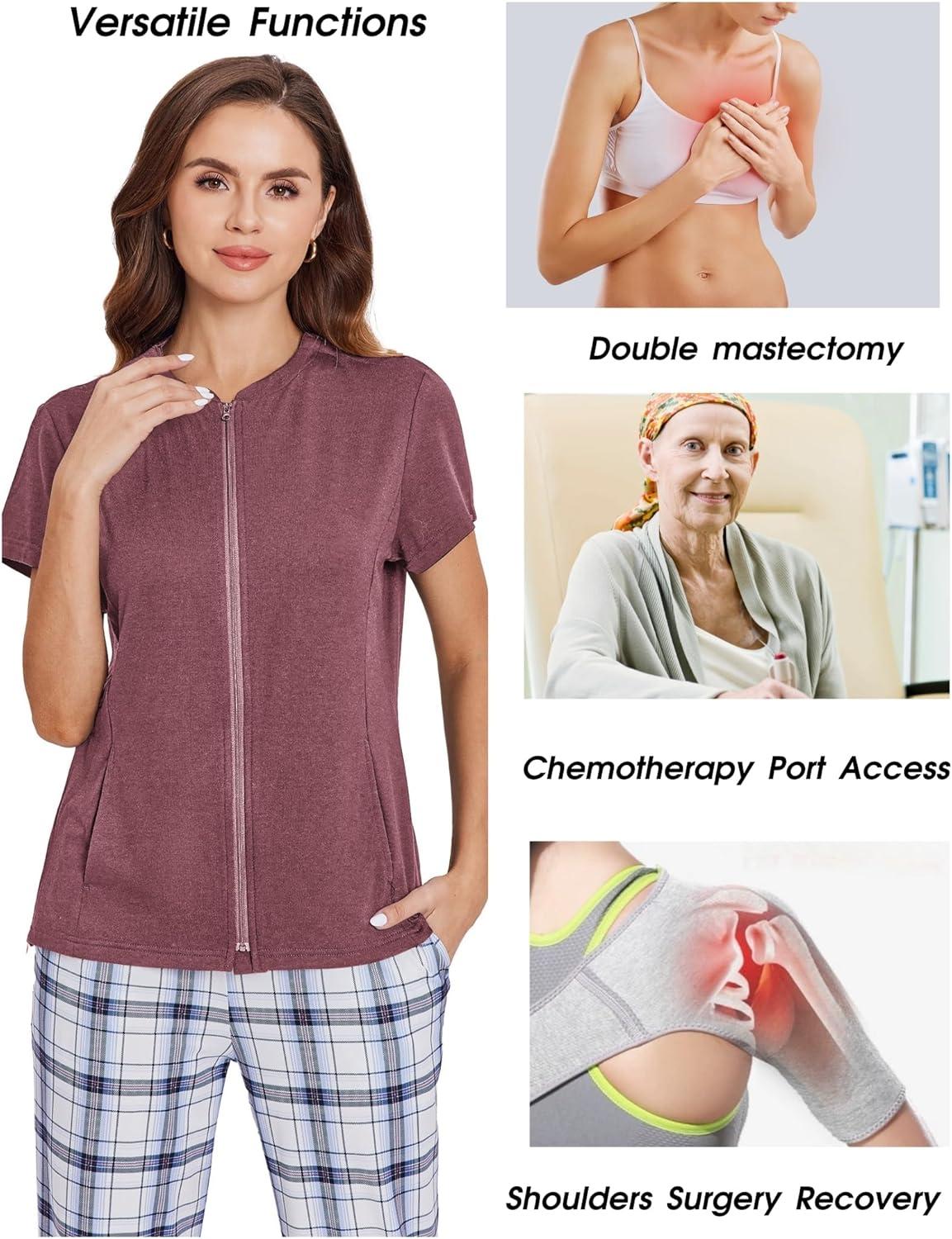 imageDeyeek Mastectomy Shirts with Drain Pockets Post Shoulder Surgery Tops for Women Chemo Port Short Sleeve with Zippers