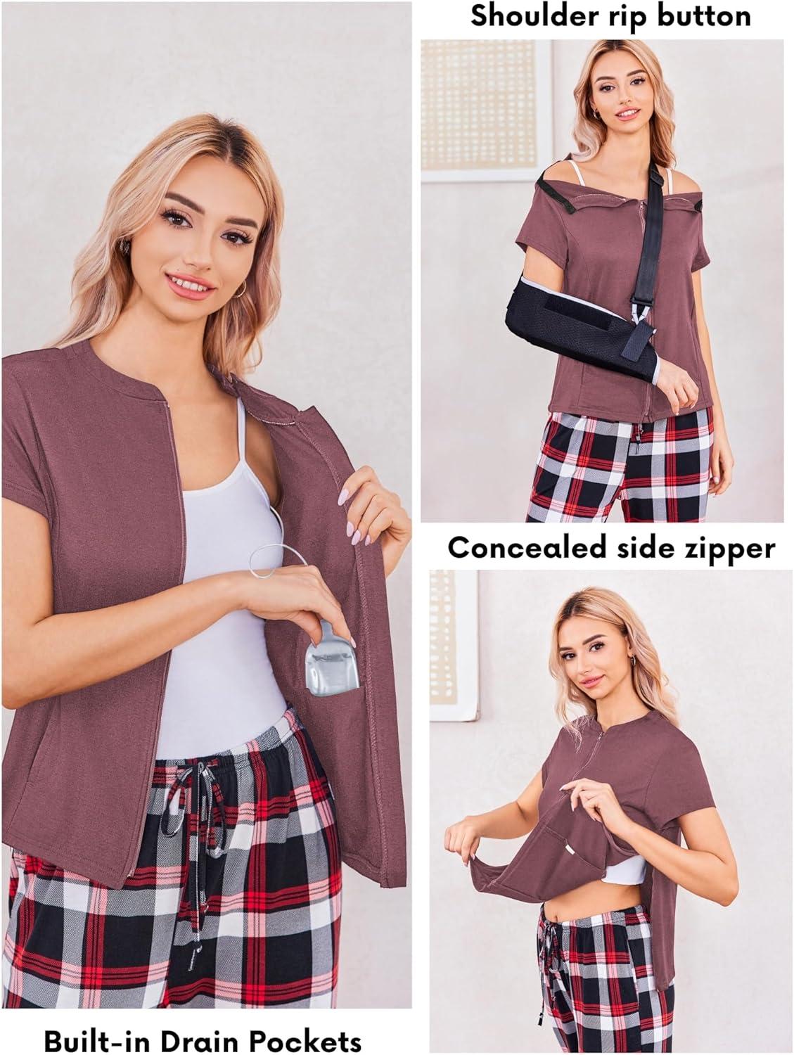 imageDeyeek Mastectomy Shirts with Drain Pockets Post Shoulder Surgery Tops for Women Chemo Port Short Sleeve with Zippers