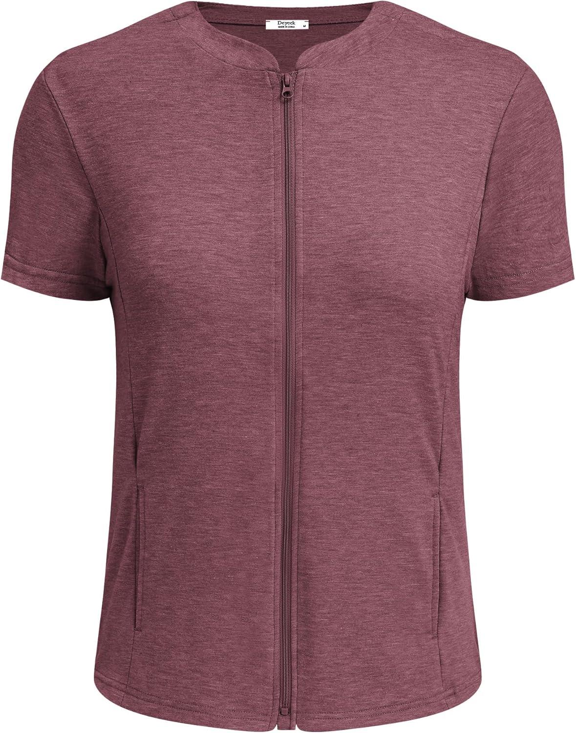 imageDeyeek Mastectomy Shirts with Drain Pockets Post Shoulder Surgery Tops for Women Chemo Port Short Sleeve with Zippers